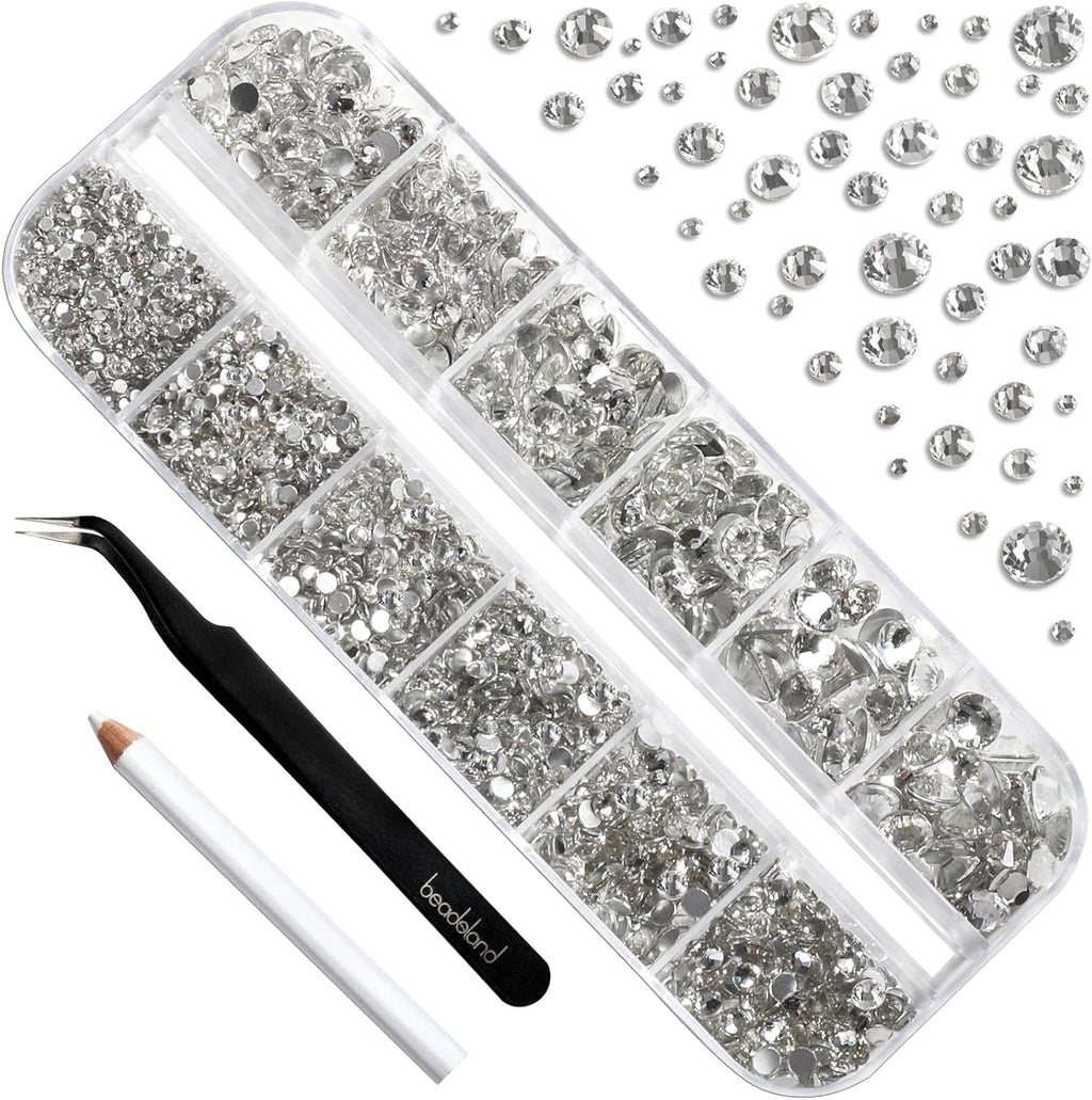 Beadsland 2500Pcs Glas Nailart Strasssteine Kristall Flatback Edelsteine Runde, ​​Für Handwerk Gemischt 8 Größen SS4 ~ SS30 Mit Picking Pinzette Und Stift (Kristall Weiss)
