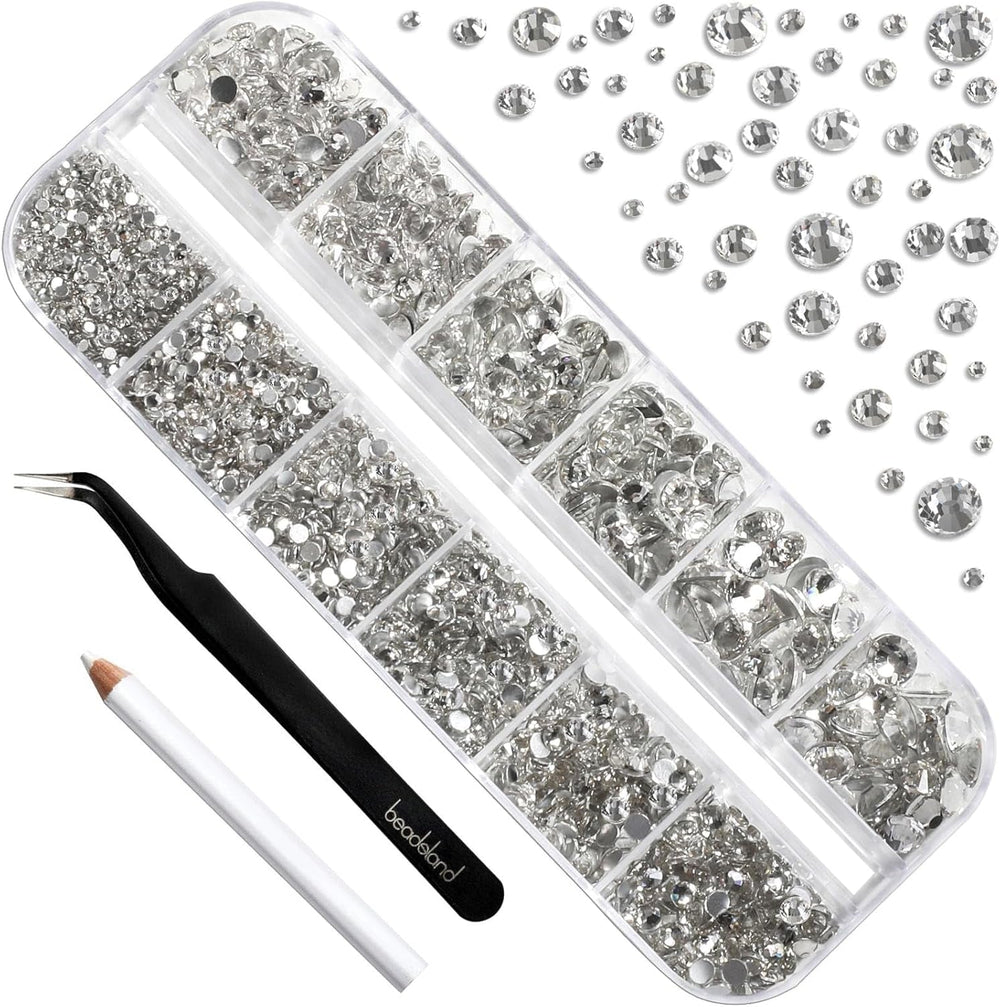 Beadland 2500Pcs Verre Nailart Strasssteine ​​​​Kristall Flatback Edelsteine ​​​​Runde, ​​​​pour Handwerk Gemischt 8 Größen SS4 ~ SS30 Mit Picking Pinzette Und Stift (Kristall Weiss)