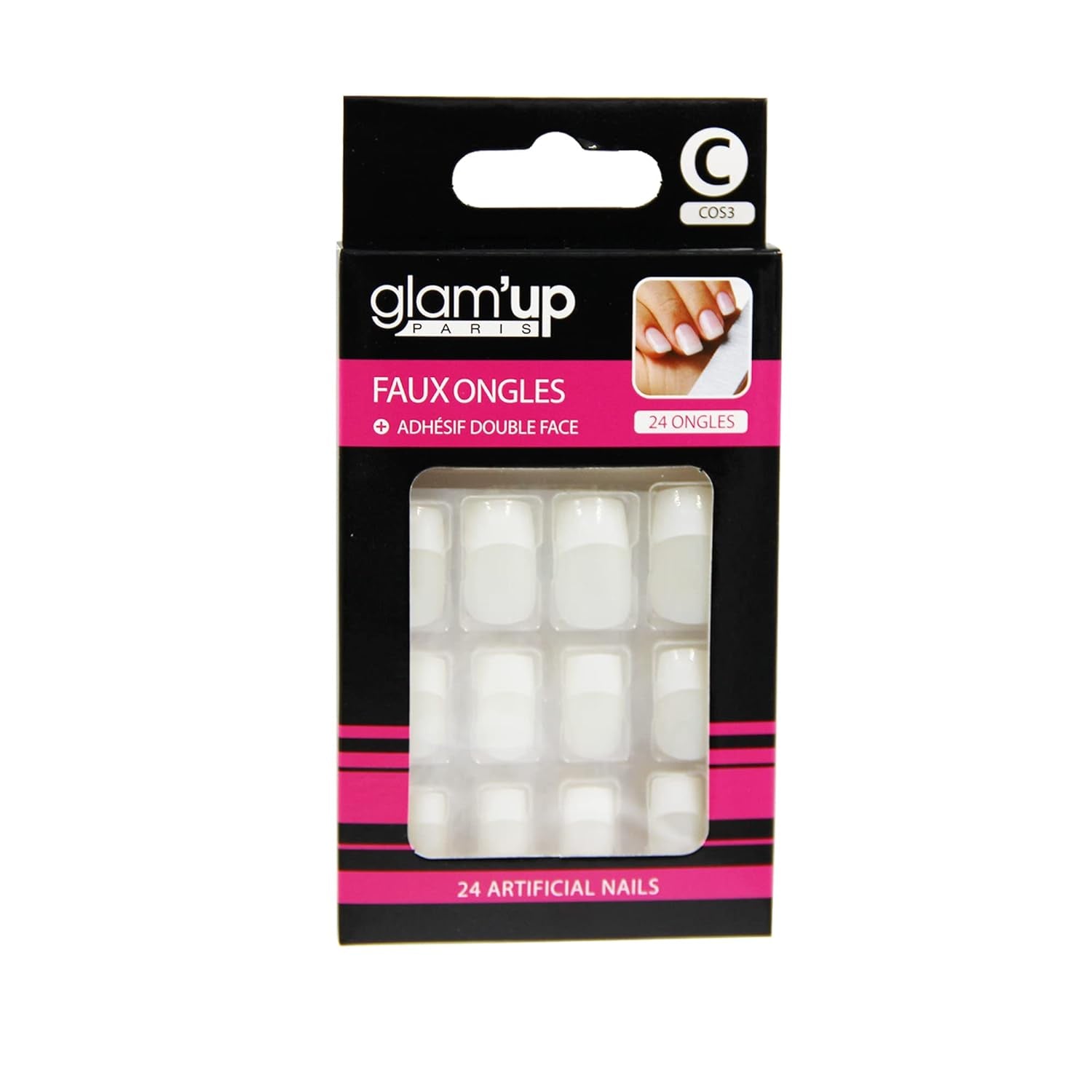 Glam'Up Paris - Faux Ongles - Couverture Complète - Facile à Utiliser - 24 Faux Ongles Par Boite + Double Adhésif - Forme Carré XL - N°3 - French manucure, Blanc