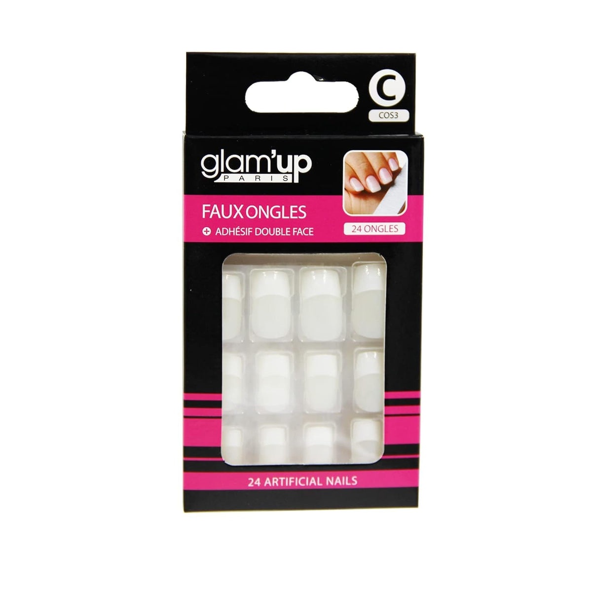 Glam'Up Paris - Faux Ongles - Couverture Complète - Facile à Utiliser - 24 Faux Ongles Par Boite + Double Adhésif - Forme Carré XL - N°3 - French manucure, Blanc