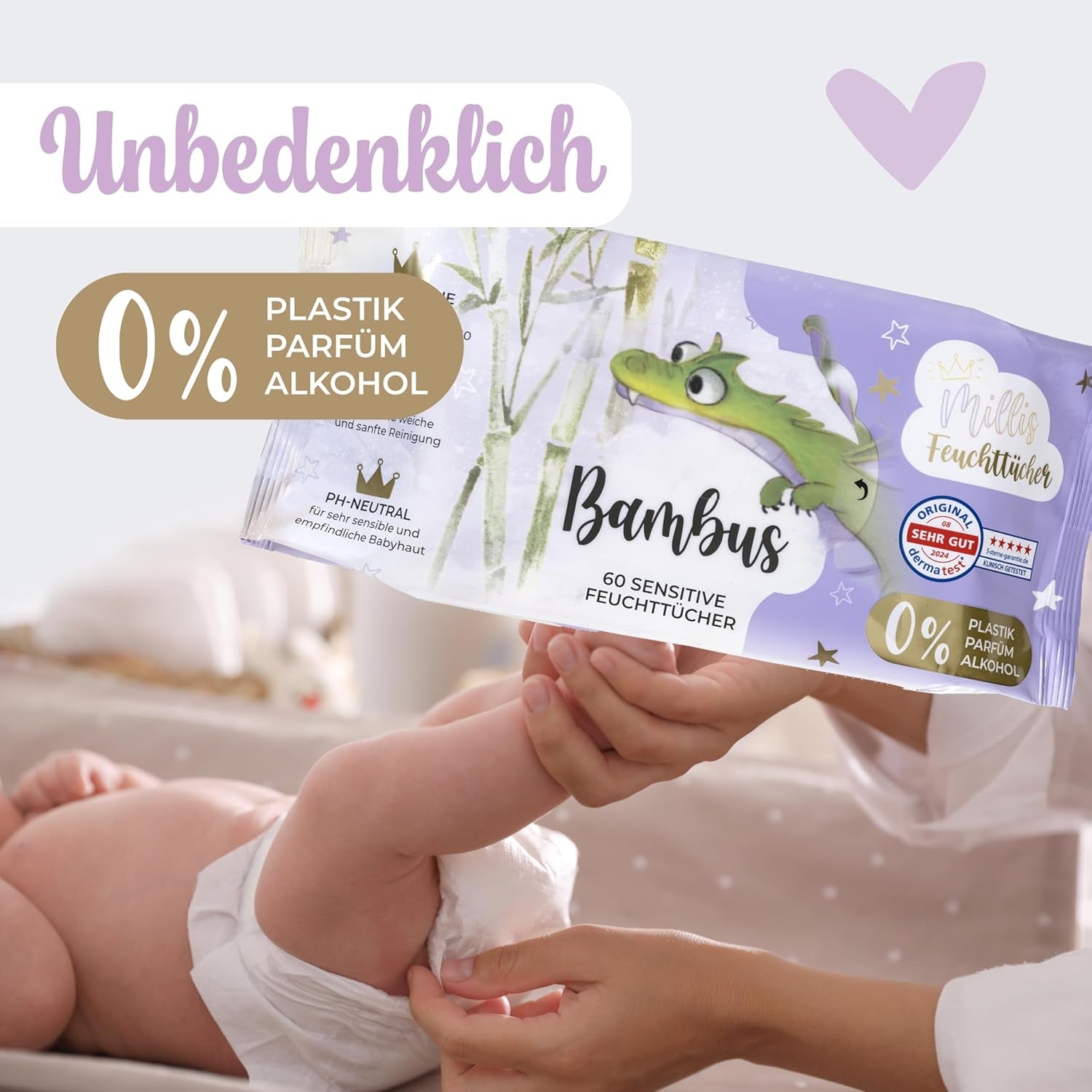Lingettes humides Millis Bamboo Baby Sensitive pour peau délicate de bébé - 5 x 60 pièces - Nettoyage naturel, doux et durable - Lingettes bébé biodégradables, sans plastique et sans alcool