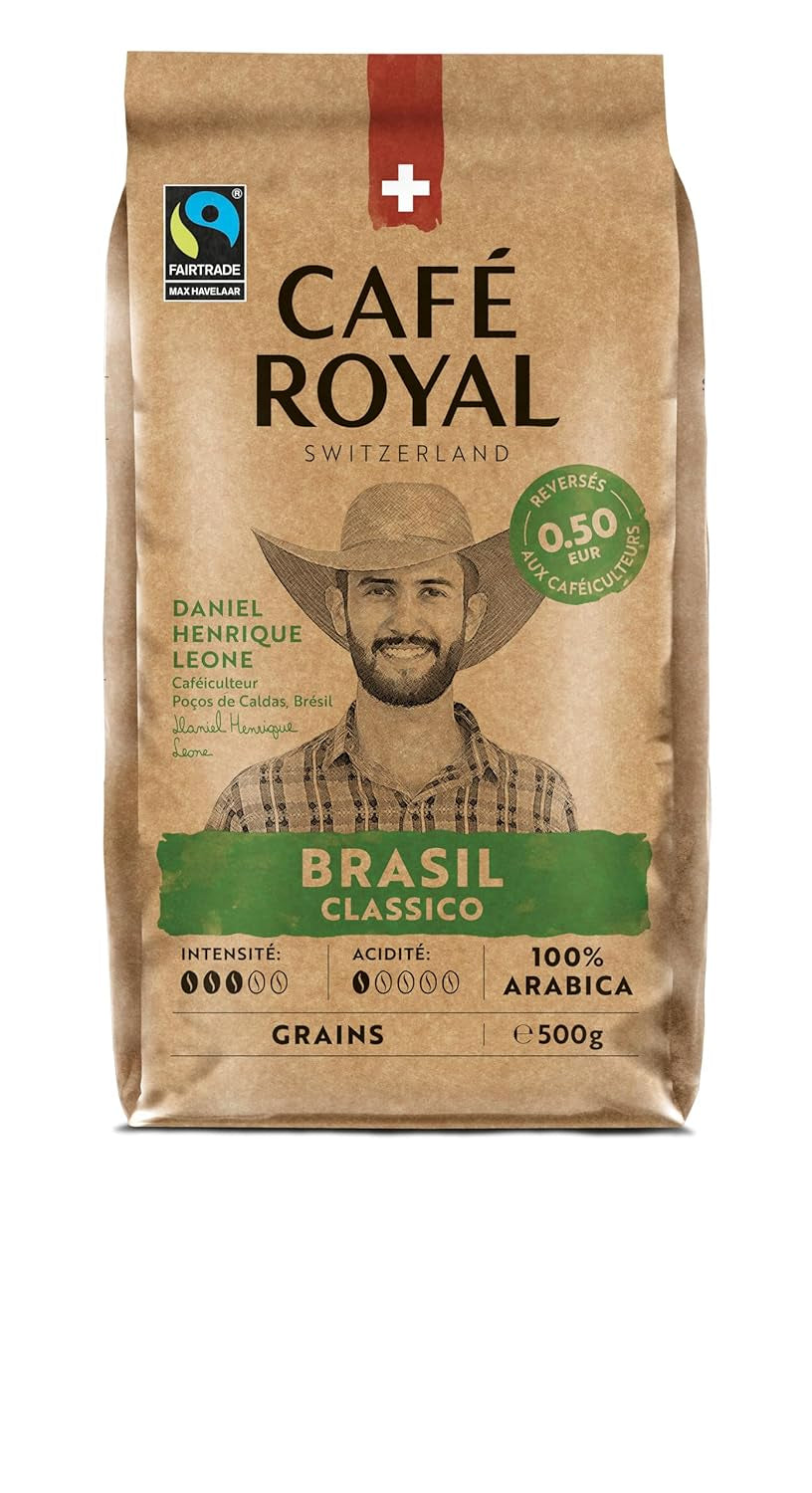 Café Royal Crema Classico Brasil - Café en grains 100% Arabica, équilibré et aromatique, torréfaction moyenne, force 3/5, commerce équitable, 500g de grains entiers (paquet de 2)