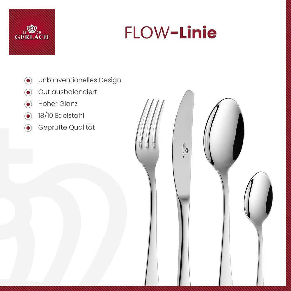 Gerlach Flow Besteck-Set 6 Personen Spülmaschinenfest Essbesteck Besteck Aus Edelstahl Messer Gabel Löffel Teelöffel Tafelbesteck Rostfrei 24 Stk, Silberglänzend Kitchen Naty Shop
