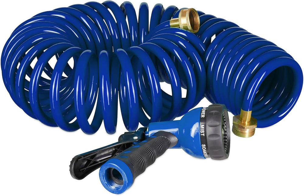 Relaxdays Tuyau spiralé extensible jusqu'à 10 m Tuyau d'arrosage flexible avec pulvérisateur d'eau 7 modes de pulvérisation Bleu 25 x 52 x 15 cm