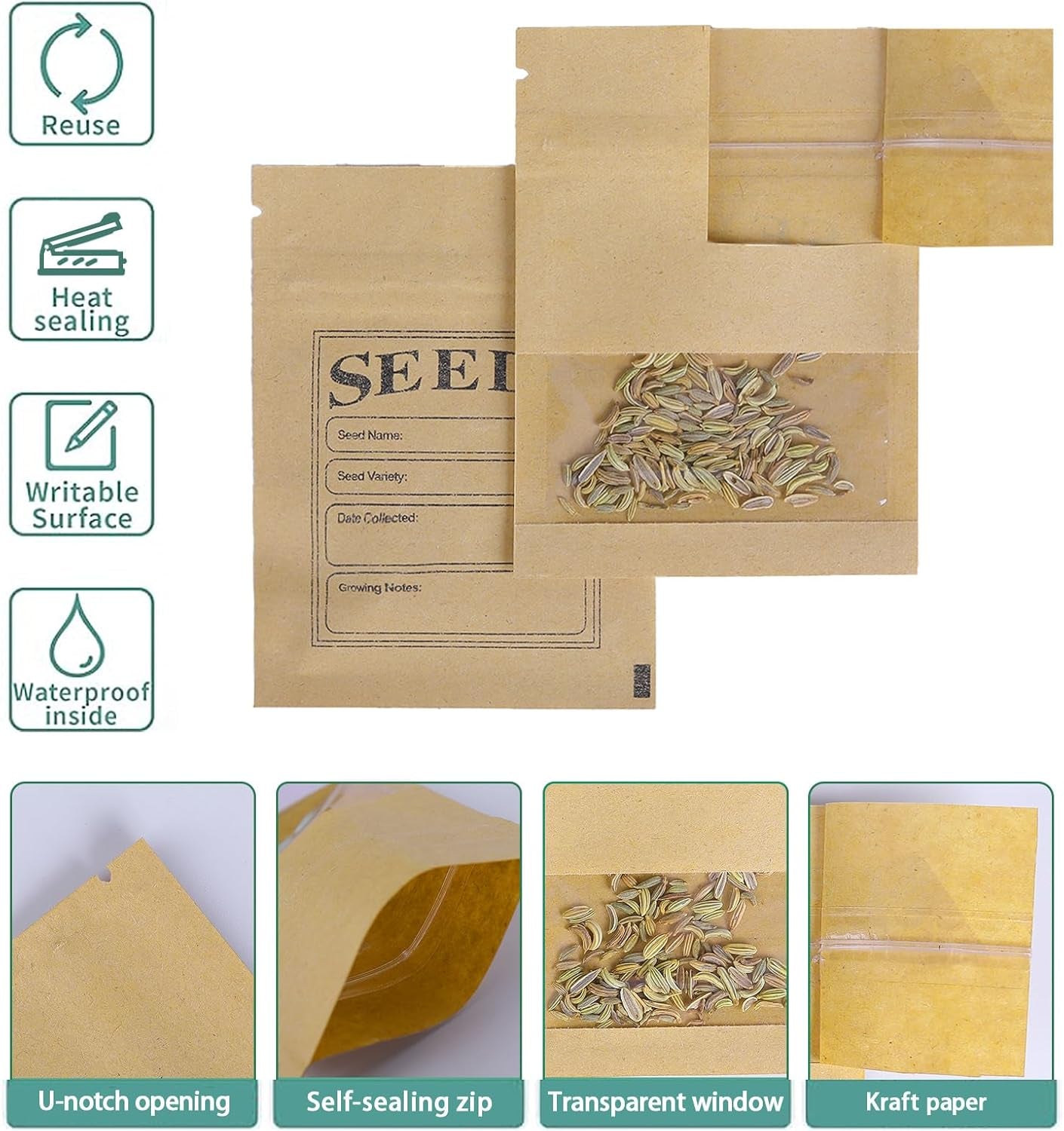 WACCOMT Pack 100 Stück Kleine Braune Wiederverschließbare Kraftpapier Samen Pakete Mit Klarem Fenster Münze Umschläge Taschen Reißverschluss Für Saatgut Blume Lagerung 7X9.5Cm(2.7X3.7Inch)