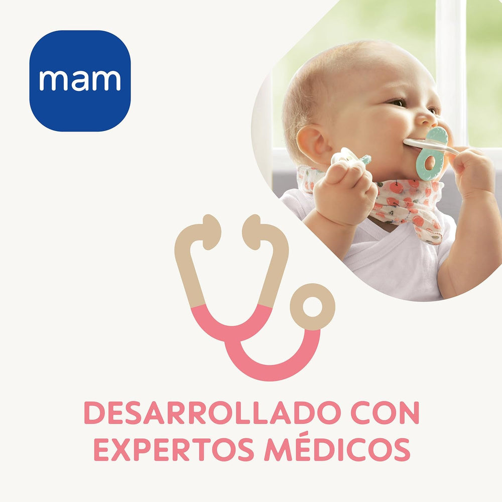 MAM Anneau de dentition, 4 mois et plus, soulagement immédiat en cas d'éruption ultérieure, extra léger et facile à saisir et à tenir, avec boîte auto-stérilisante, rose, 1 pièce