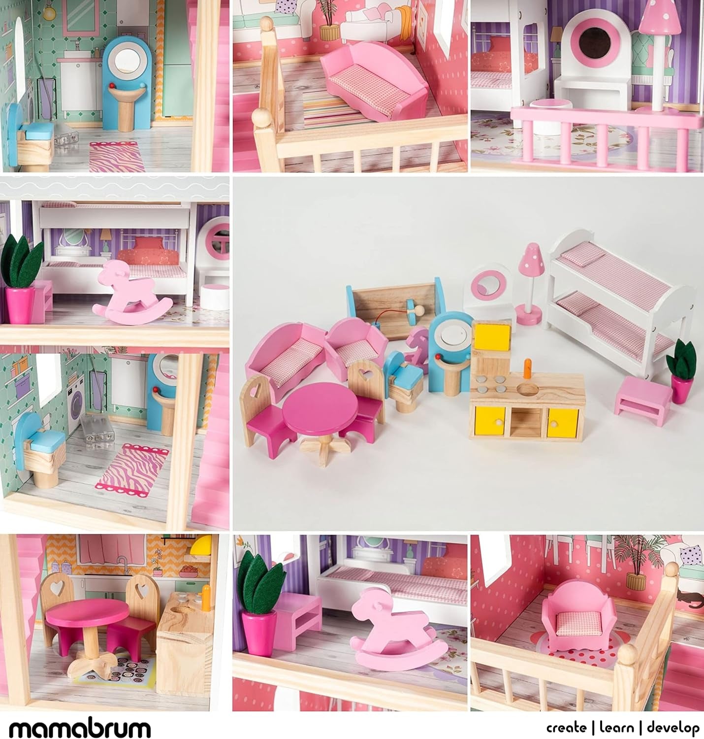 A405 Maison de poupée éclairée par LED - 3 étages et ensemble de meubles - Maison de jeu en bois comprenant des accessoires : cuisine, salle de bain, chambre à coucher - Cadeau pour les filles de 3 ans et plus Maisons de poupées Naty Shop