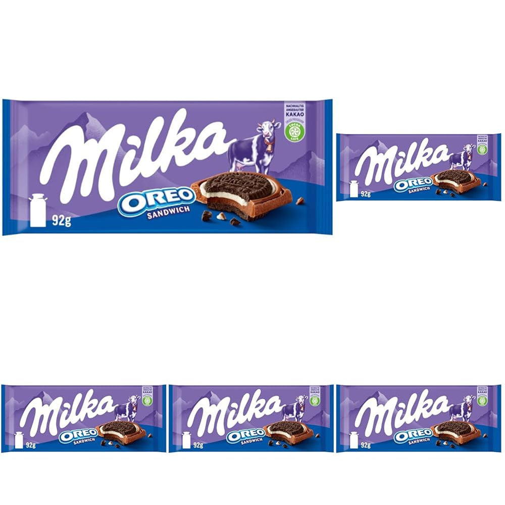 Milka Oreo Sandwich – Chocolat au lait alpin, fourré de morceaux croquants de biscuits Oreo et de crème onctueuse à la vanille – 92g