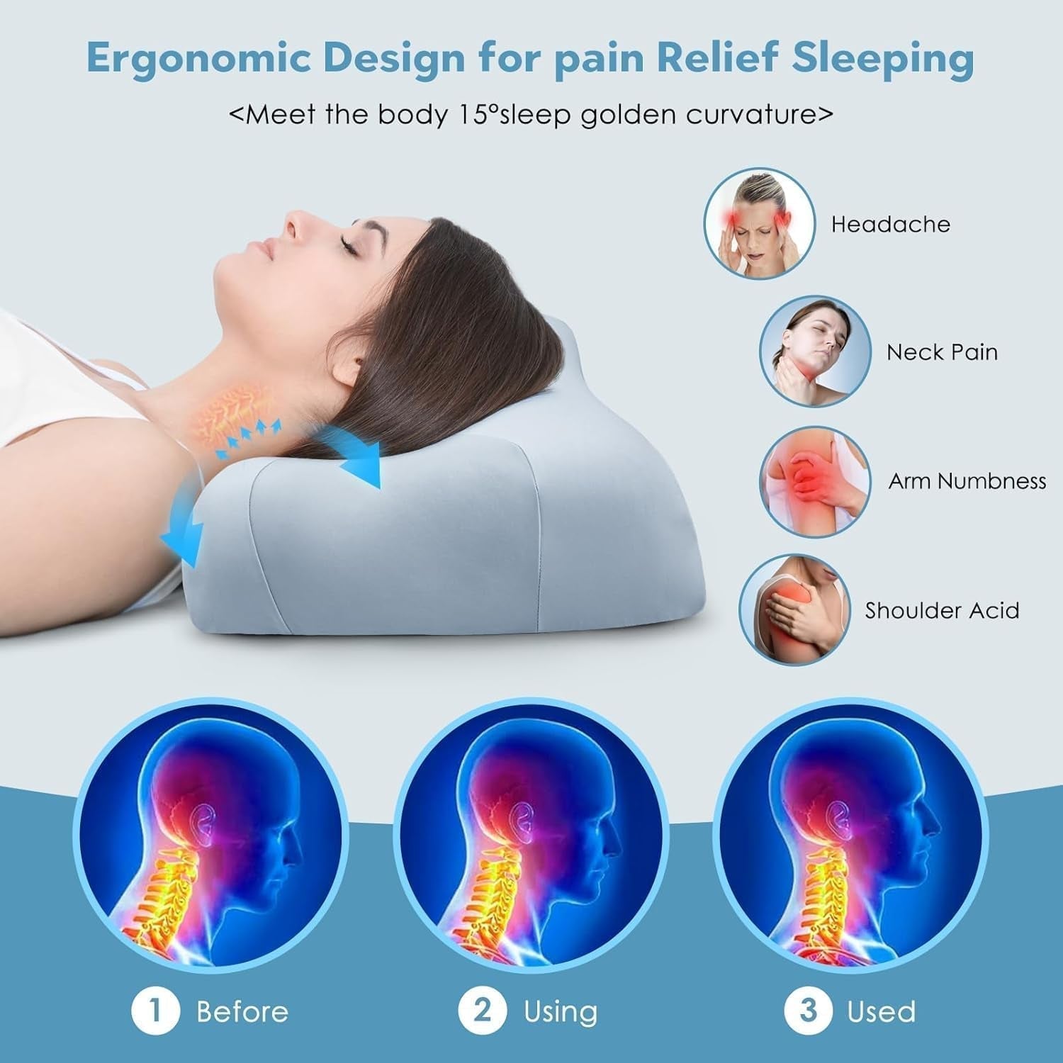 Royalisneeo Oreiller de beauté pour douleurs du dos, du ventre et des côtés Oreiller pour douleurs au cou et aux épaules Oreiller anti-rides Anti-âge en mousse à mémoire de forme Bleu (standard) Oreillers orthopédiques cervicaux Naty Shop