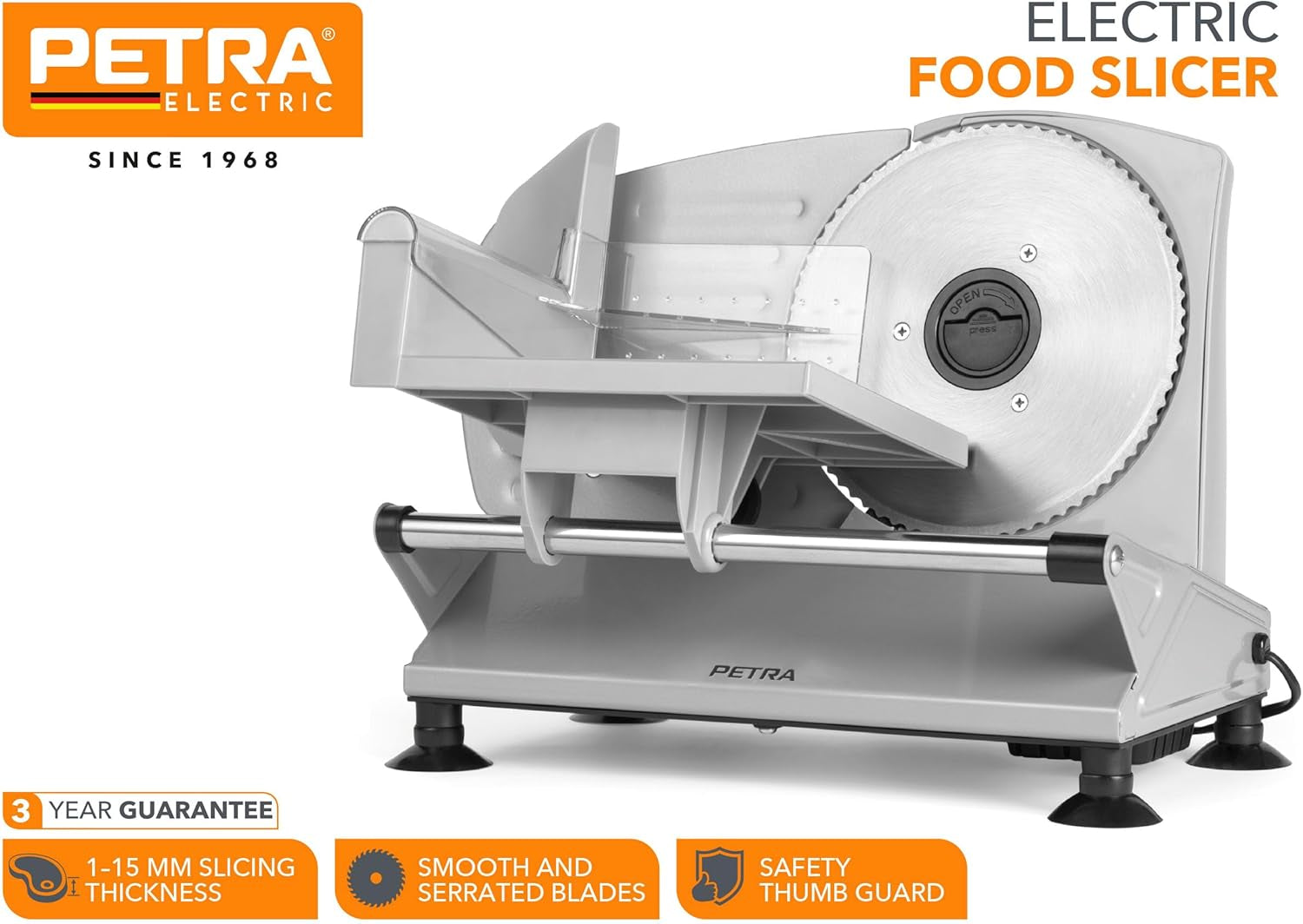 Petra PT4636VDE Trancheuse électrique multifonctionnelle, épaisseur de coupe 1-15 mm, 3 lames lisses en acier inoxydable Déchiqueteuses et trancheuses Naty Shop