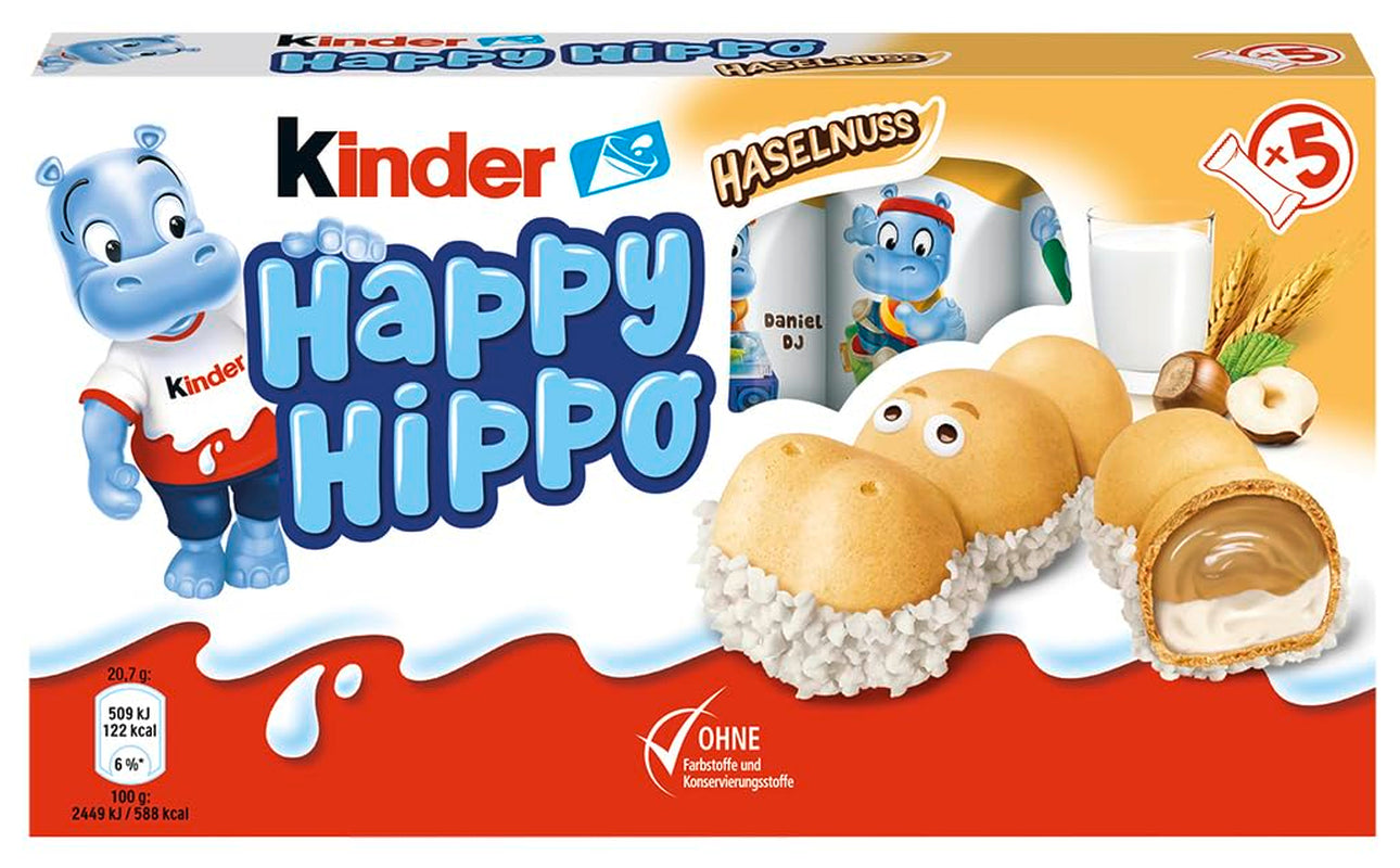 Kinder Happy Hippo Noisette - Spécialité Gaufrettes Croquantes au Lait et Crème de Noisettes - Bonbons Carnaval et Mardi Gras - 1 paquet contenant 5 barres individuelles de 20,7 g chacune