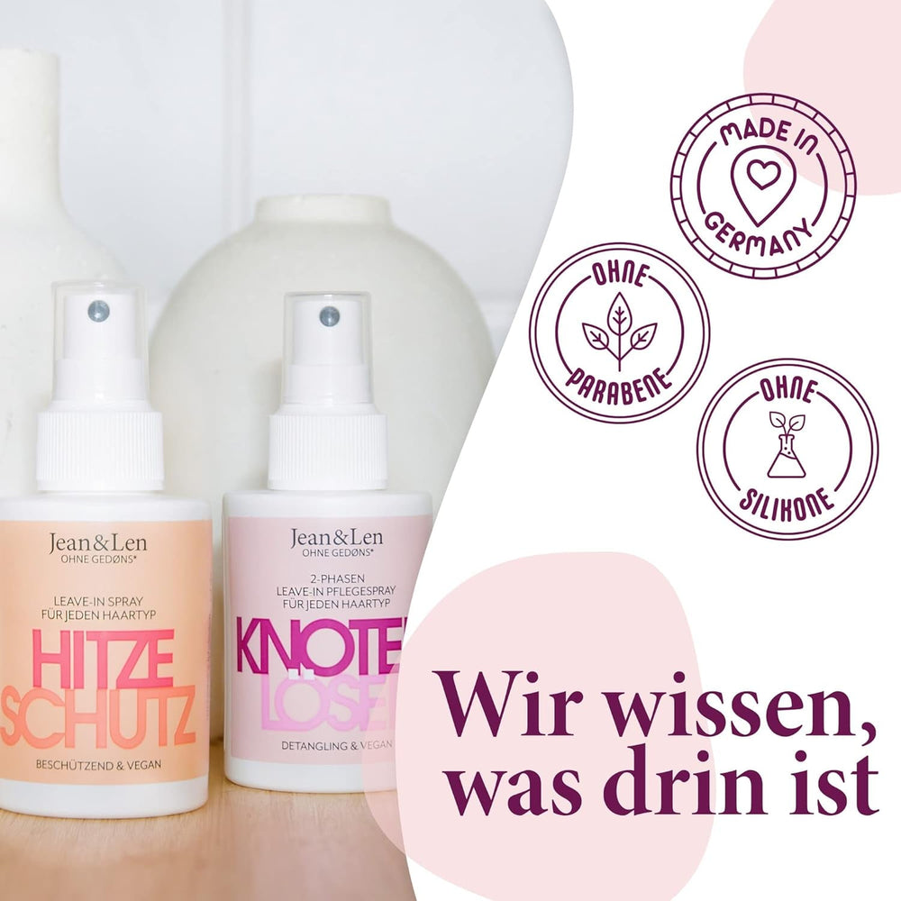 Jean & Len Knot Remover Spray revitalisant 2 phases sans rinçage, adapté à tous les types de cheveux, démêle les cheveux et améliore la peignabilité, parfum frais, démêlant, sans silicone ni parabène, végétalien, 100 ml Produits démêlants Naty Shop