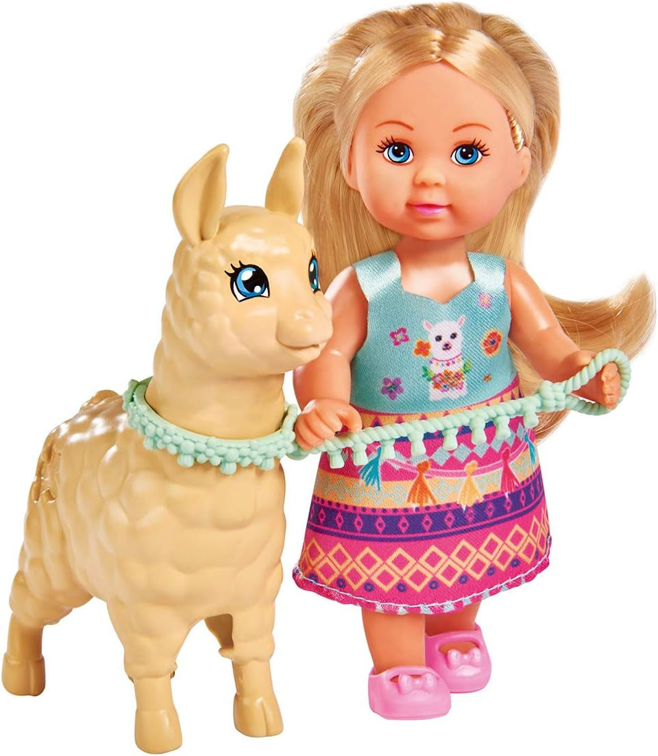 Simba 105733497 - Evi Love Puppe im süßen Outfit mit Alpaka und Leine, 12cm, Für Kinder ab 3 Jahren