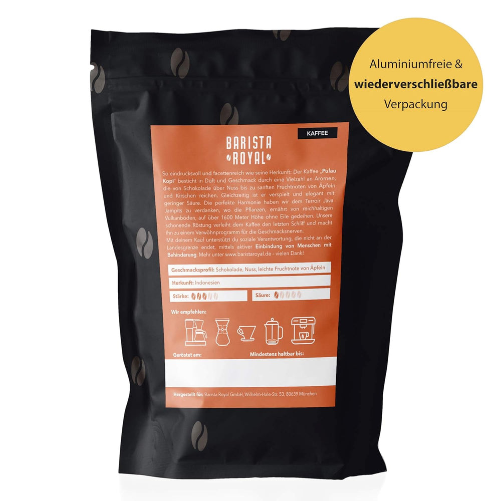 BARISTA ROYAL Boissons à café 1kg "Pulau Kopi" | Kaffeebohnen frais directement d'Indonésie | 100% Arabica Café Ganze Bohnen | Idéal pour les machines entièrement automatiques et à filtre