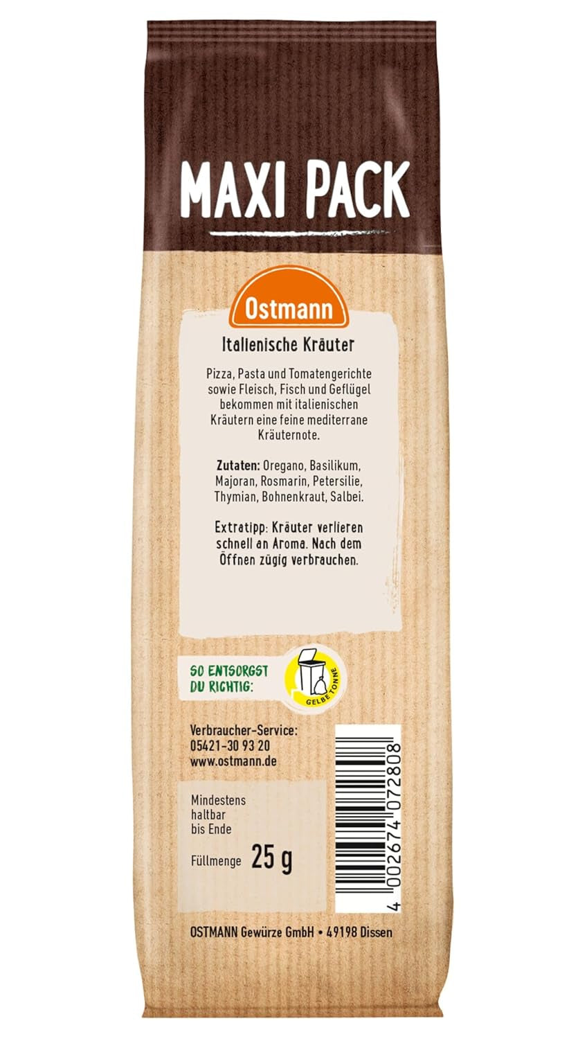 Ostmann Gewürze - Italienische Kräuter gerebelt | Préparation méditerranéenne pour la sauce tomate, les pierres précieuses et les viandes | 25 g dans Vorteilsbeutel