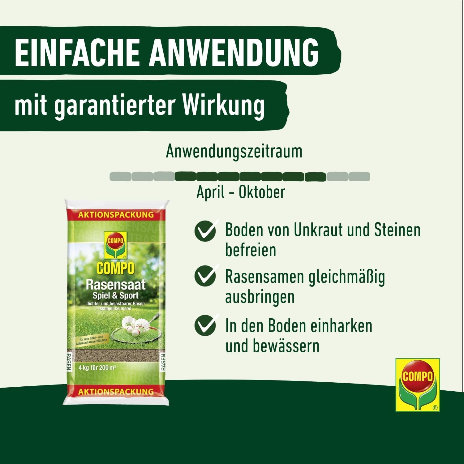 Compo Rasensaat Spiel Und Sport, Universelle Rasenmischung, 4 Kg, 200 M²