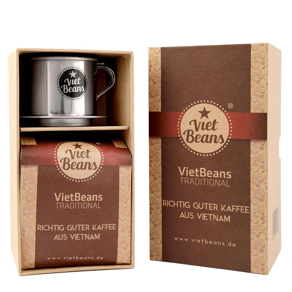 VietBeans Traditional - Schönes Kaffeeschenk in fester Verpackung - Gemahlener Röstkaffee - 250g Kaffee und Kaffeefilter - Geschenidee für Kaffeeliebhaber
