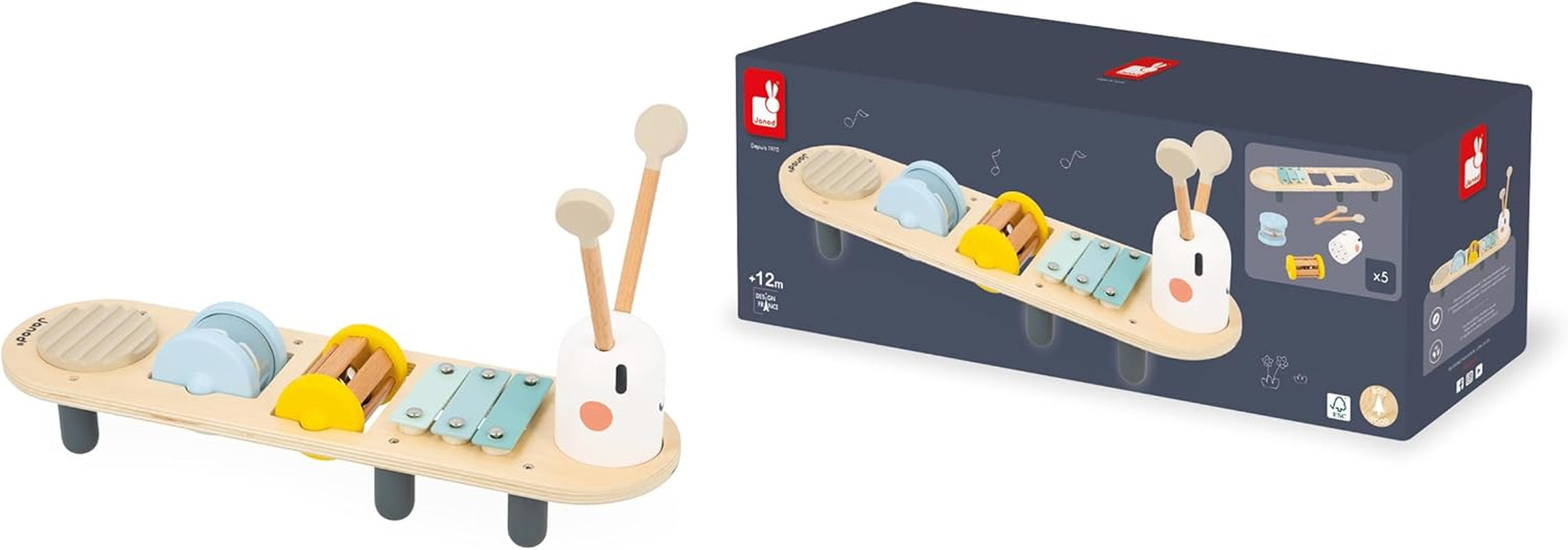Janod - Pistes musicales Sweet Cocoon - 5 activités musicales pour les enfants - Éducation musicale précoce - Jouet en bois FSC - Dès 12 mois, J04058 Jouets pour bébés Naty Shop