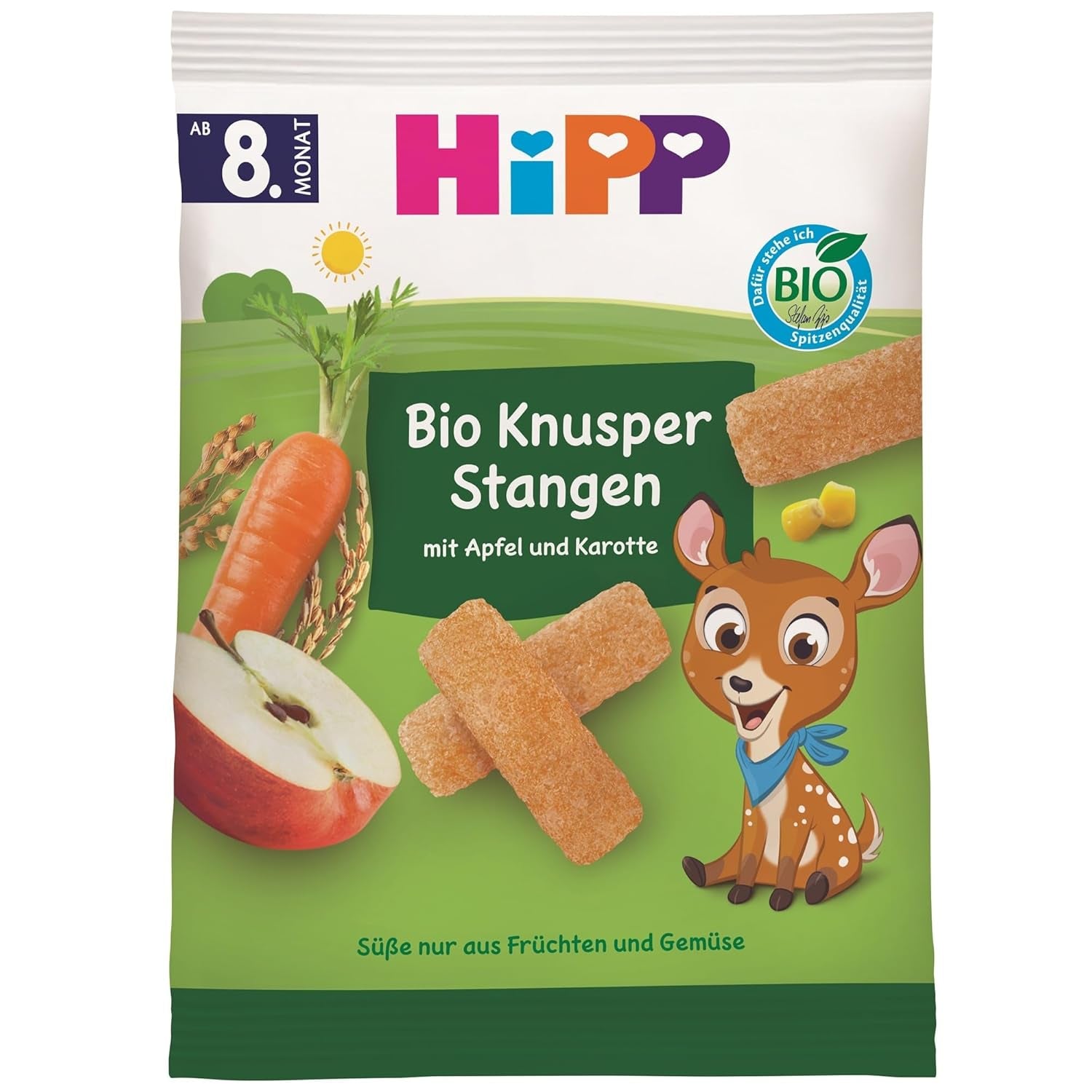 HiPP Bio Knusper Stangen Apple Karotte (7 x 30g), Babysnack ab 8. Monat, Süße nur aus Früchten und Gemüse, glutenfree, in best Bio-Qualität