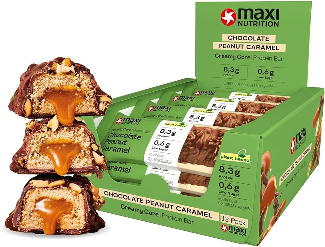 MaxiNutrition Barre protéinée végétalienne crémeuse au chocolat, cacahuètes et caramel 12x45g - barre protéinée végétalienne, 18% de protéines, 8,3 g par barre, faible teneur en sucre (0,9 g), sans sucre ajouté, sans arômes artificiels