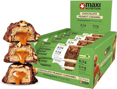 MaxiNutrition Barre protéinée végétalienne crémeuse au chocolat, cacahuètes et caramel 12x45g - barre protéinée végétalienne, 18% de protéines, 8,3 g par barre, faible teneur en sucre (0,9 g), sans sucre ajouté, sans arômes artificiels