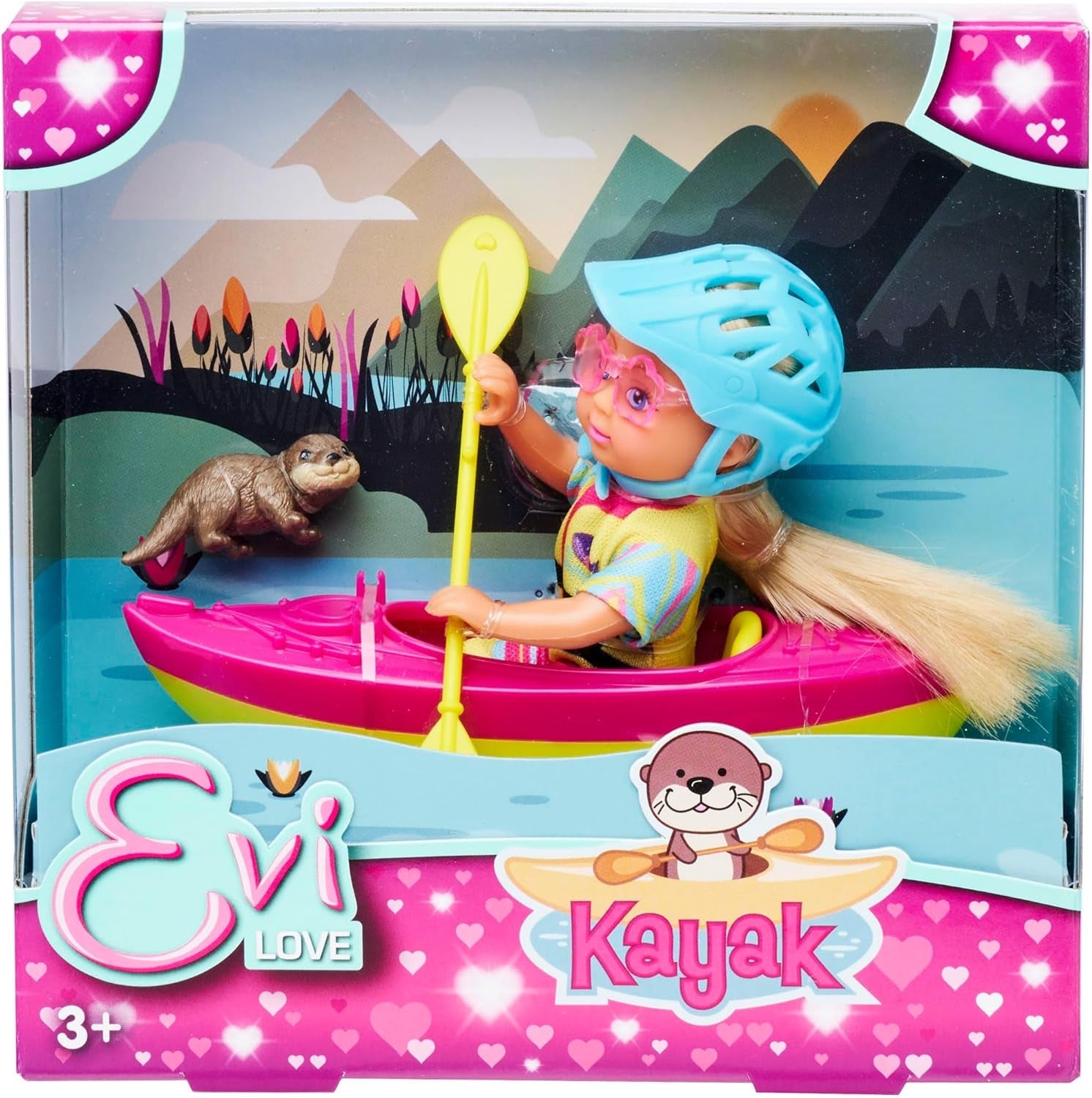 Simba Evi Love Kayak, Spielpuppe Macht eine Kajaktour, mit passender Bekleidung, Helm, Paddel, Sonnenbrille und Otter, 12cm, ab 3 Jahren
