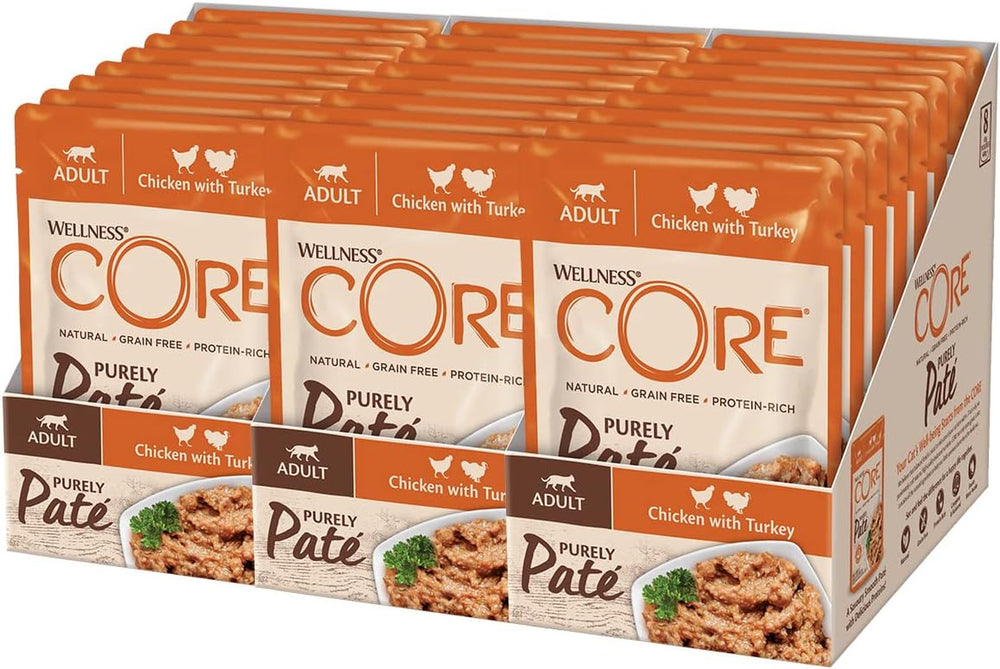 Wellness CORE Purely Paté 24 x 85g, Pui și Curcan – Hrană umedă pentru pisici, pate fin, fără cereale, natural, hipoalergenic, bogat în proteine, conținut ridicat de carne