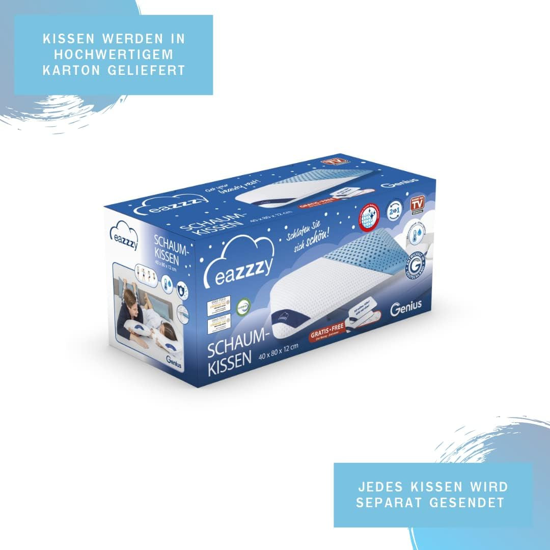 Oreiller en mousse Genius Eazzzy 40X80 Cm hauteur 10Cm - Oreiller de soutien cervical avec 2 degrés de dureté + mousse gel rafraîchissante - Oreiller de couchage pour dormeurs sur le côté, le dos et le ventre contre les douleurs cervicales, oreillers standards en polyester Naty Shop