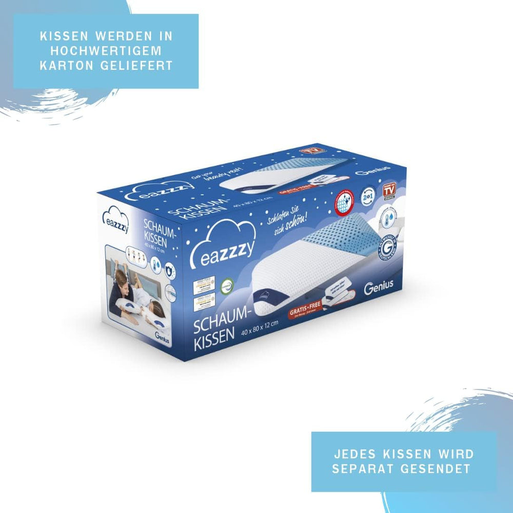 Oreiller en mousse Genius Eazzzy 40X80 Cm hauteur 10Cm - Oreiller de soutien cervical avec 2 degrés de dureté + mousse gel rafraîchissante - Oreiller de couchage pour dormeurs sur le côté, le dos et le ventre contre les douleurs cervicales, oreillers standards en polyester Naty Shop