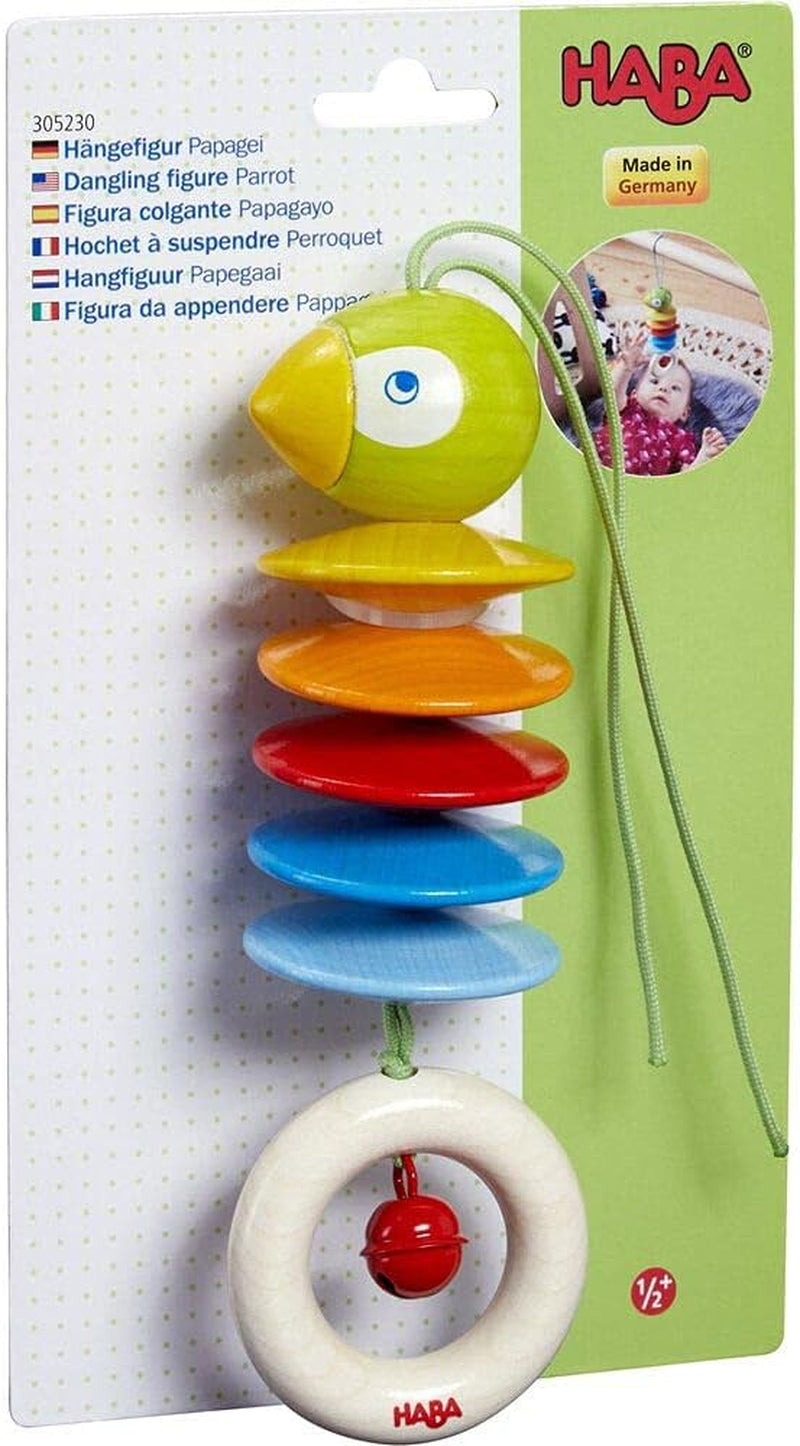 HABA 305230 - Papagal agățat, jucărie pentru copii pentru scaunul auto, antrenor de joacă, pătuț și cărucior, cu clopoțel, jucărie din lemn de la 6 luni Jucarii Bebe Naty Shop