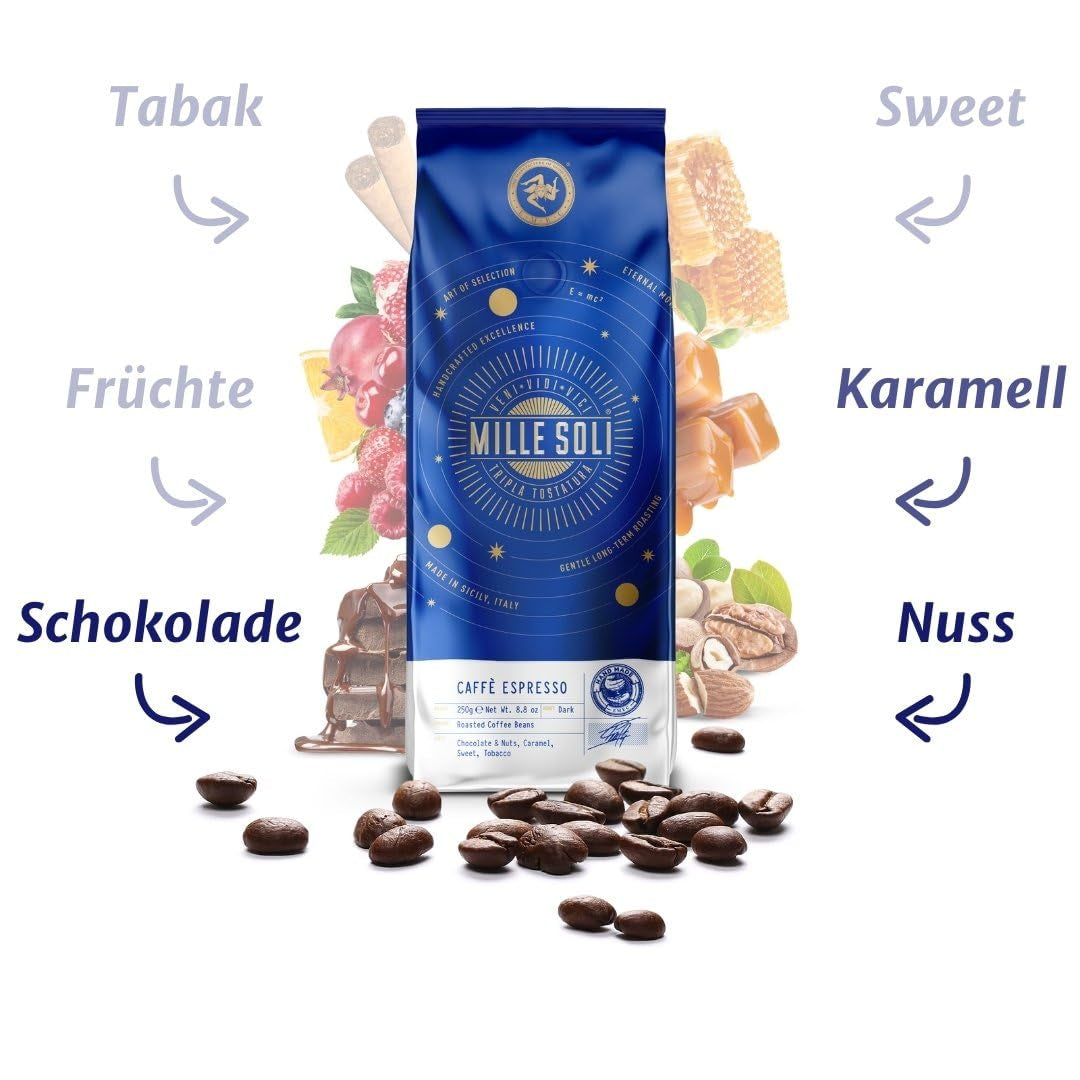 Caffè Espresso Café en grains – Torréfaction traditionnelle en Sicile – Café en grains de qualité supérieure, sac de 250 g, pour machines entièrement automatiques et porte-filtre