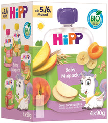 Sachets à presser biologiques HiPP, paquet mixte, 16 pièces (4 paquets de 4 x 90 g chacun), pour bébés de 5/6 mois, quatre saveurs délicieuses, sans sucre ajouté, meilleure qualité biologique