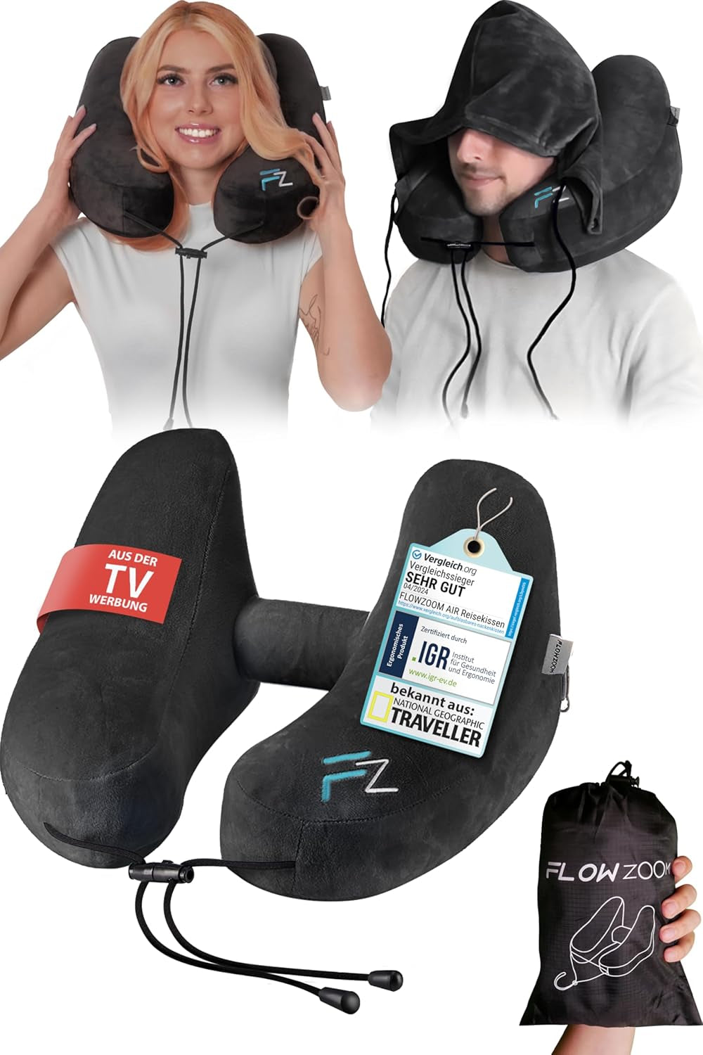 Oreiller cervical gonflable FLOWZOOM AIR avec capuche - Oreiller cervical d'avion - Oreiller de voyage - Oreiller cervical de voyage gonflable rapide - Oreiller d'avion - Oreiller de voyage - Oreiller cervical pour adulte (Gris) Naty Shop Oreillers orthopédiques cervicaux 2) Noir - Taille L