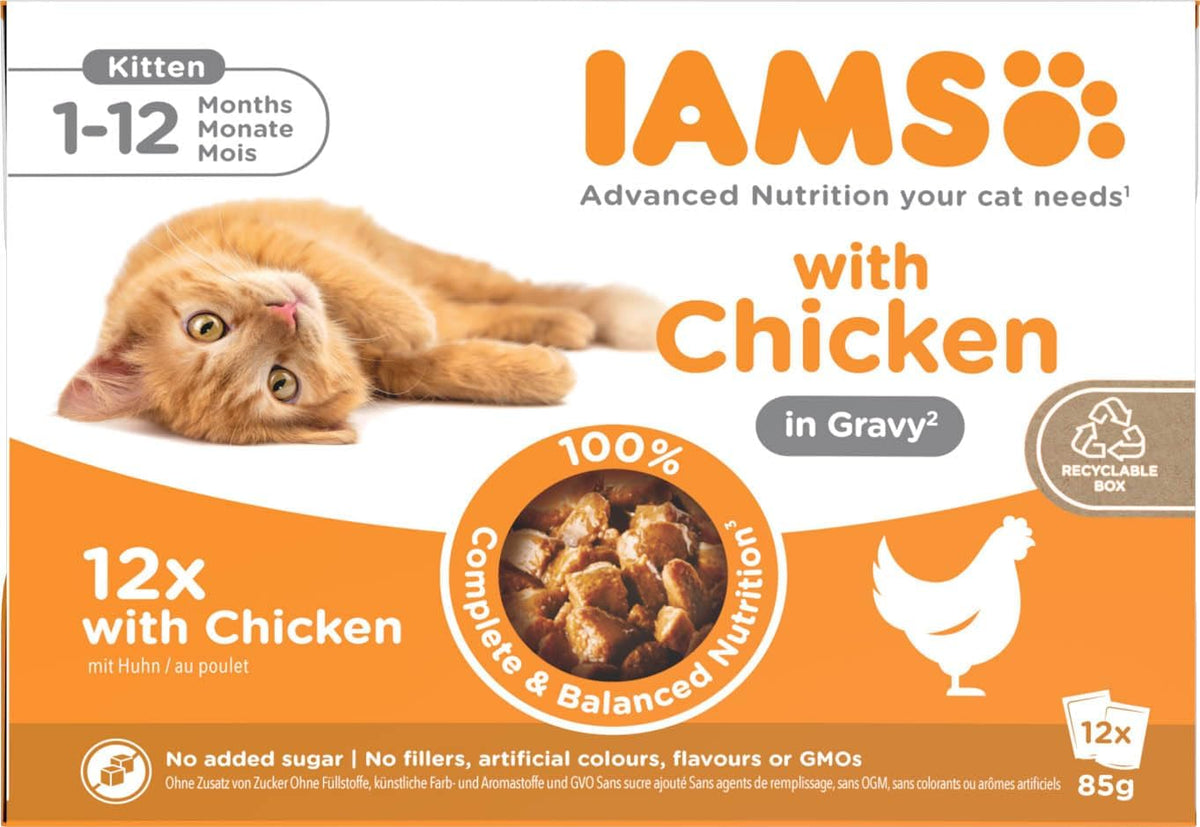 IAMS Delights Kitten Nassfutter - Multipack Katzenfutter mit Hunn in Sauce, Futter de haute qualité pour les enfants de 1 à 12 mois, 12 x 85 g
