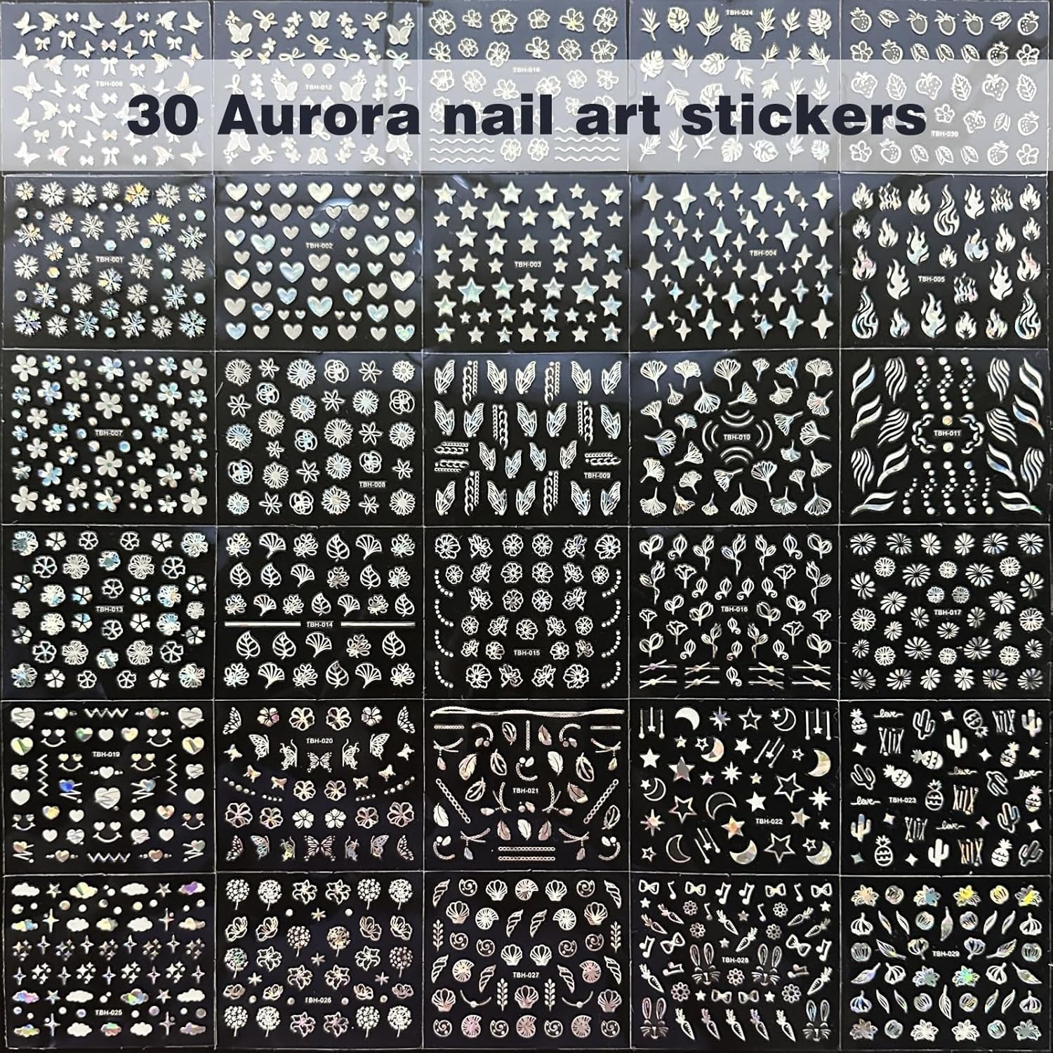 30 Blatt Aurora-Nagelkunst-Aufkleber, Selbstklebende 3D-Blumen-Nagelaufkleber, Aurora-Mond-Stern-Nagelaufkleber pour l'art de l'artisanat, Blatt-Herz-Nageldesign pour DIY-Acrylnägel-Dekoration