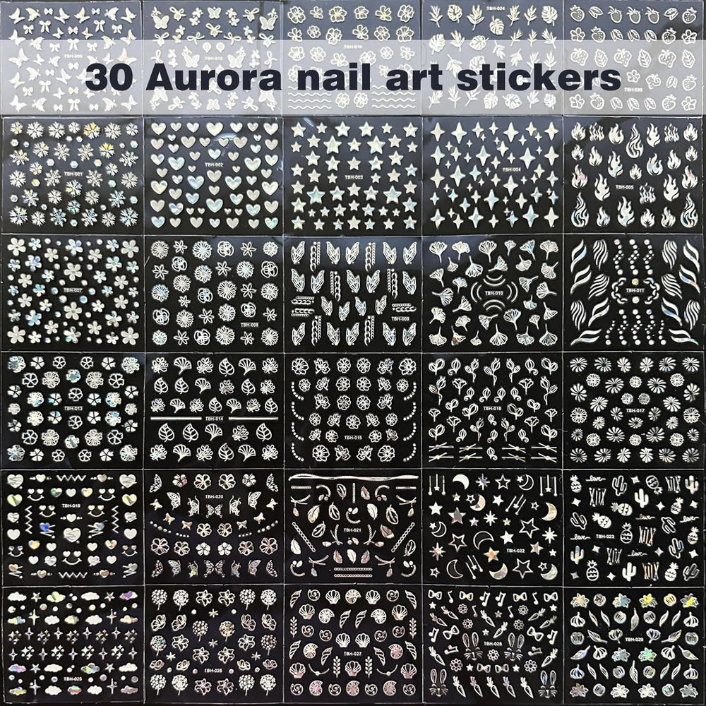 30 Blatt Aurora-Nagelkunst-Aufkleber, Selbstklebende 3D-Blumen-Nagelaufkleber, Aurora-Mond-Stern-Nagelaufkleber pour l'art de l'artisanat, Blatt-Herz-Nageldesign pour DIY-Acrylnägel-Dekoration