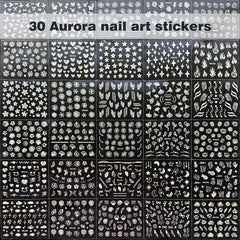 30 Blatt Aurora-Nagelkunst-Aufkleber, Selbstklebende 3D-Blumen-Nagelaufkleber, Aurora-Mond-Stern-Nagelaufkleber pour l'art de l'artisanat, Blatt-Herz-Nageldesign pour DIY-Acrylnägel-Dekoration