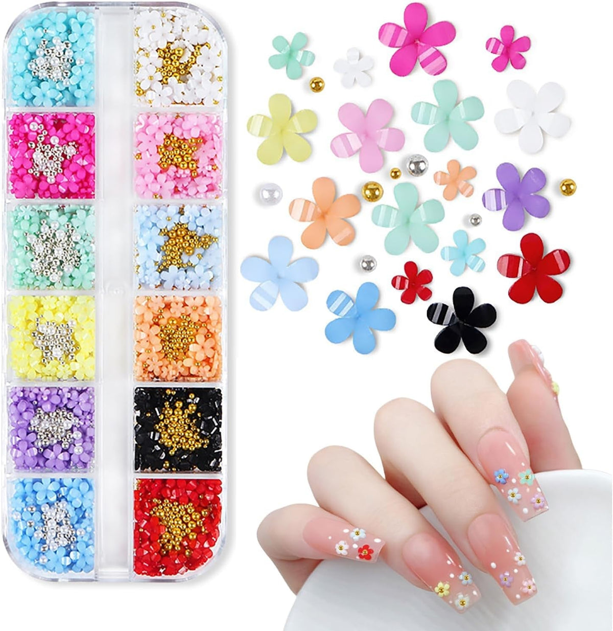 Breloques pour ongles en forme de fleur 3D, 12 grilles en résine acrylique, fleurs et perles dorées et argentées, pierres à ongles en gel, décorations d'ongles en fleurs pour femmes et filles, accessoires de manucure DIY
