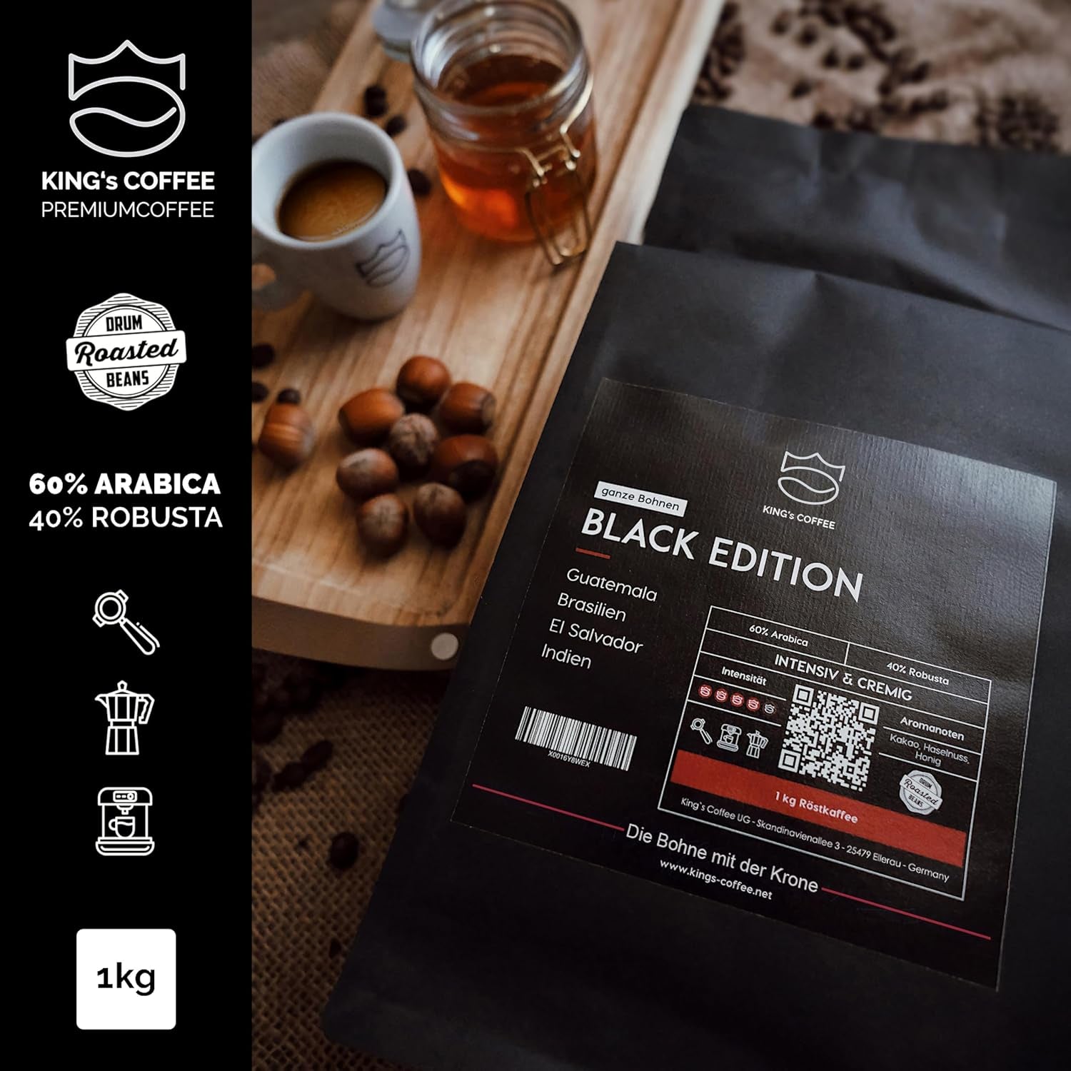KING'S COFFEE - BLACK EDITION - 1 kg de grains de café crème intense - Café à faible acidité - Torréfaction en petits lots d'Italie - Grains d'espresso Arabica forts (mélange) pour machines entièrement automatiques et porte-filtres