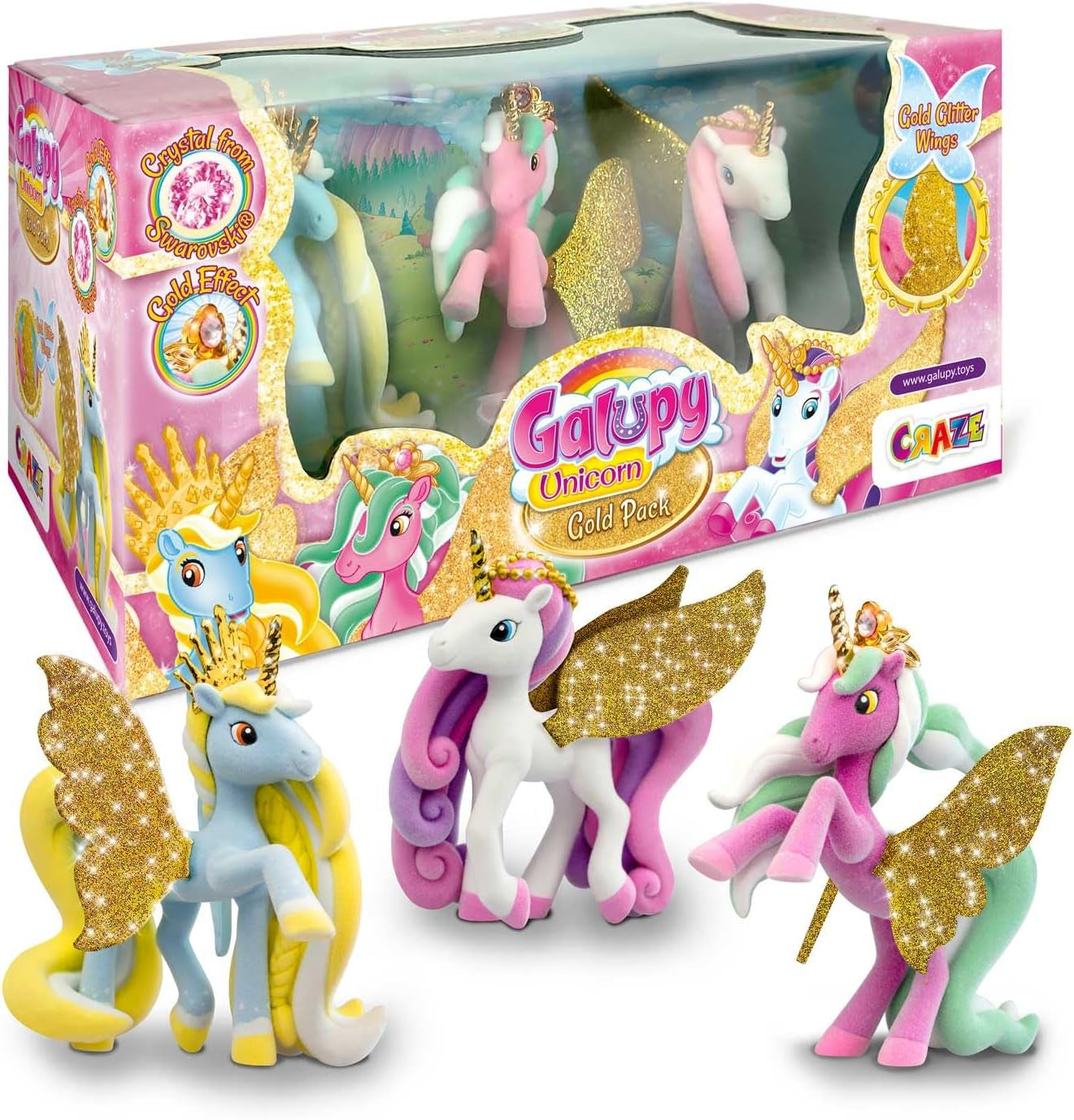 Galupy Licorne - Lot de 3 figurines de licorne, jouets licorne à collectionner, figurines de poney aux ailes scintillantes et figurines d'action en cristal Swarovski Naty Shop Galupy Gold Edition Pochette_3