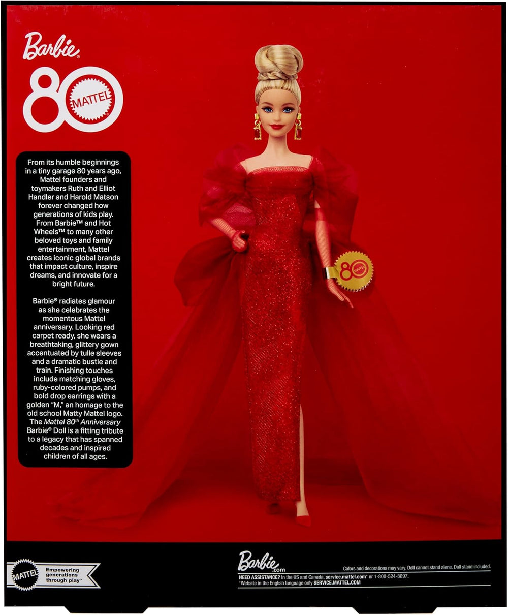 Barbie Signature Doll 80e anniversaire Mattel Figurine de collection en robe de tulle rouge scintillant avec boucles d'oreilles en forme de larme et gants délicats cheveux blonds JBJ17