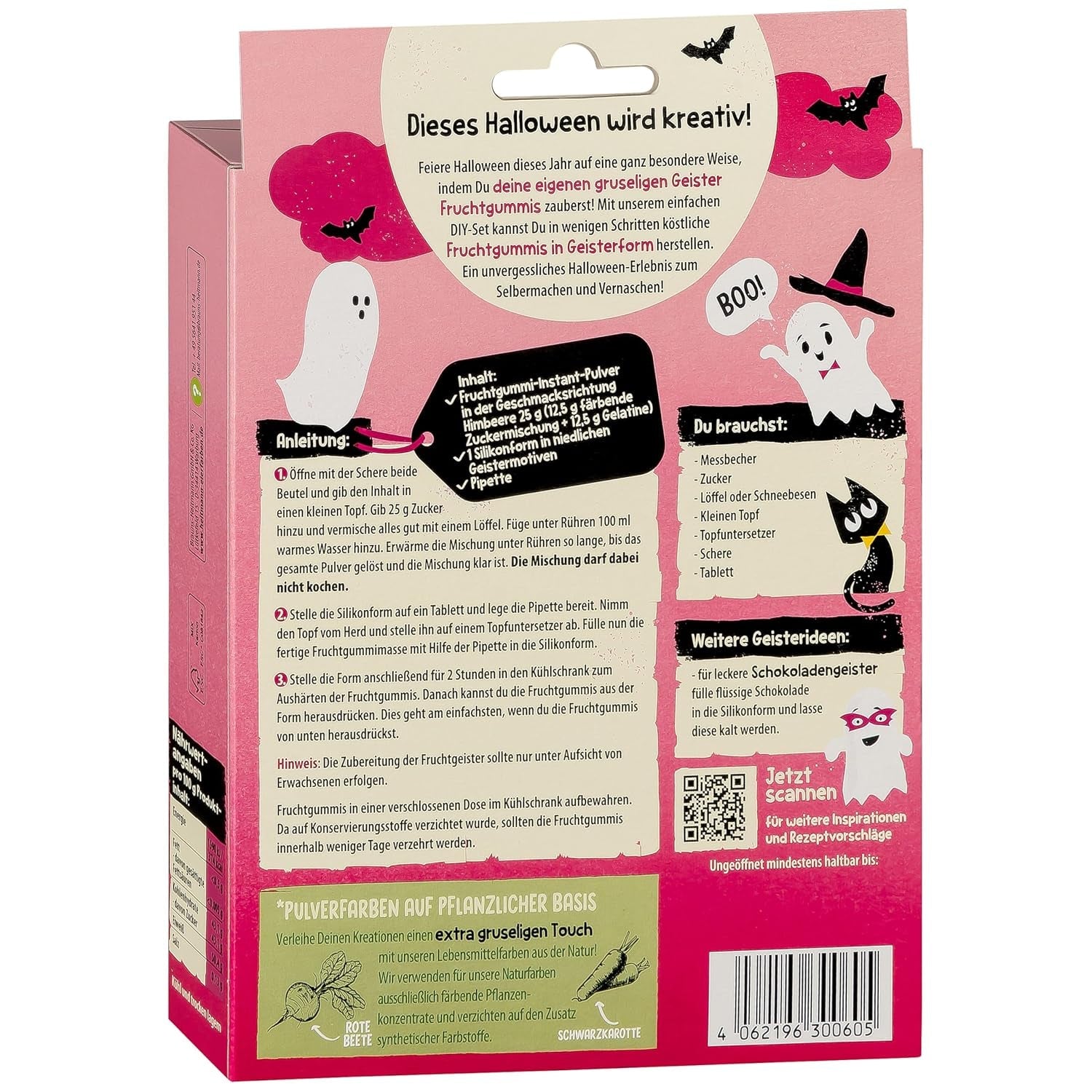 HEITMANN KREATIV - Ensemble créatif de chewing-gum aux fruits d'Halloween - Colorants en poudre à base de plantes - Rose - Chewing-gums aux fruits en forme de fantôme DIY avec saveur de framboise