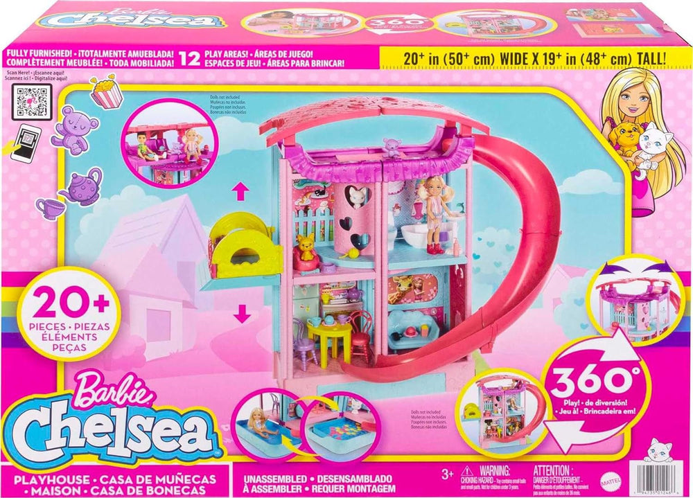 Barbie Chelsea Playhouse - 3 étages transformables, aires de jeux secrètes, ascenseur, piscine, toboggan, 2 animaux et plus de 20 accessoires, à partir de 3 ans, HHX44 Naty Shop Dollhouses