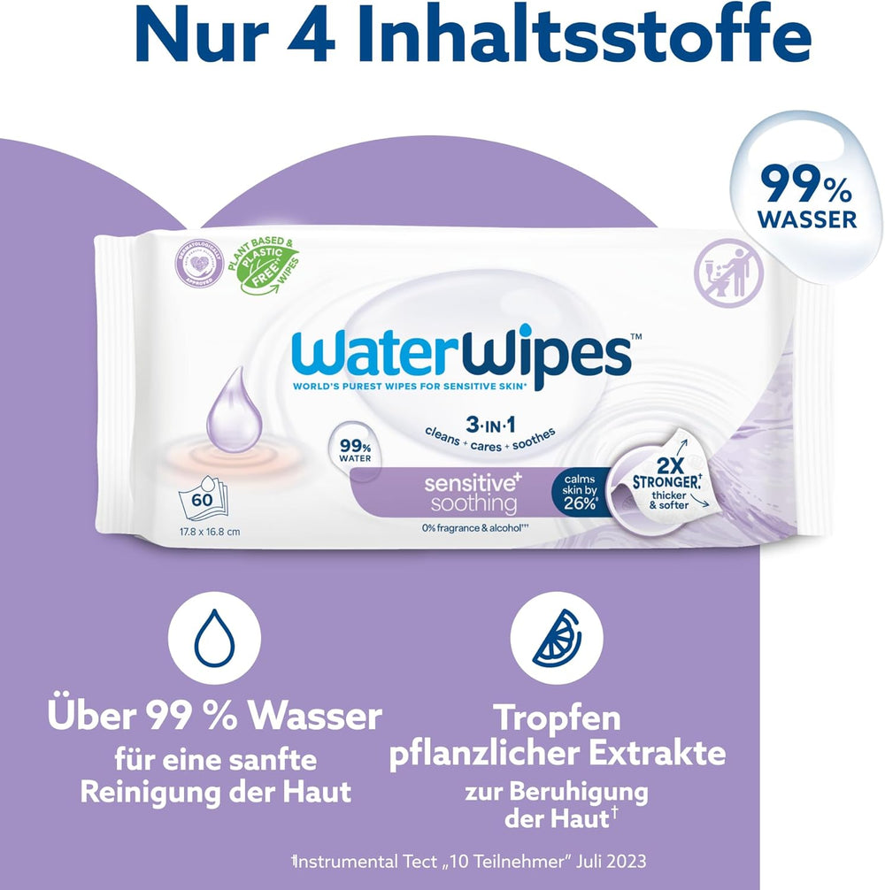 WaterWipes Sensitive+ Soothing Clean 360 pièces (paquet de 6) lingettes 3 en 1 nettoyantes, soignantes et apaisantes à 99 % d'eau avec extrait de plante, lingettes pour bébé non parfumées