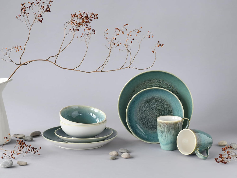 Creatable, série Caldera, service de table en grès allant au lave-vaisselle et au micro-ondes, fabrication de qualité (ensemble combiné vert 8 pièces)