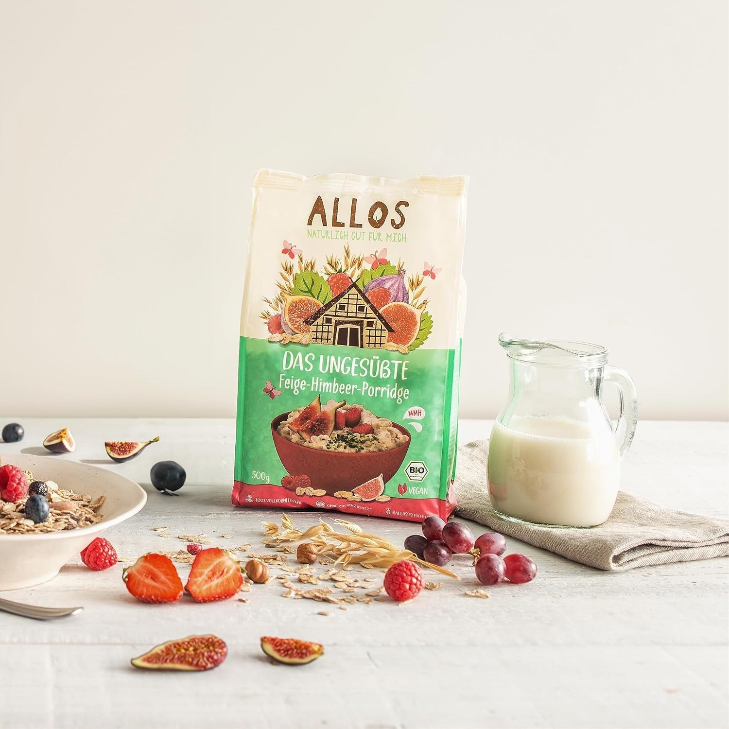 Porridge Allos non sucré aux figues et framboises | Porridge sans sucre | Muesli biologique | Muesli aux fruits | Gruau | Bouillie pour le petit déjeuner | Céréales pour le petit déjeuner | Végétalien | Paquet de 6 (6x500g)