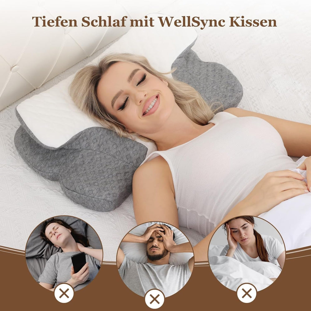 Oreiller cervical Wellsync Oreiller ergonomique Oreiller en mousse à mémoire de forme Oreiller orthopédique pour dormeurs latéraux Dormeurs sur le dos Dormeurs sur le ventre Douleurs au cou Blanc Gris Oreillers orthopédiques cervicaux Naty Shop