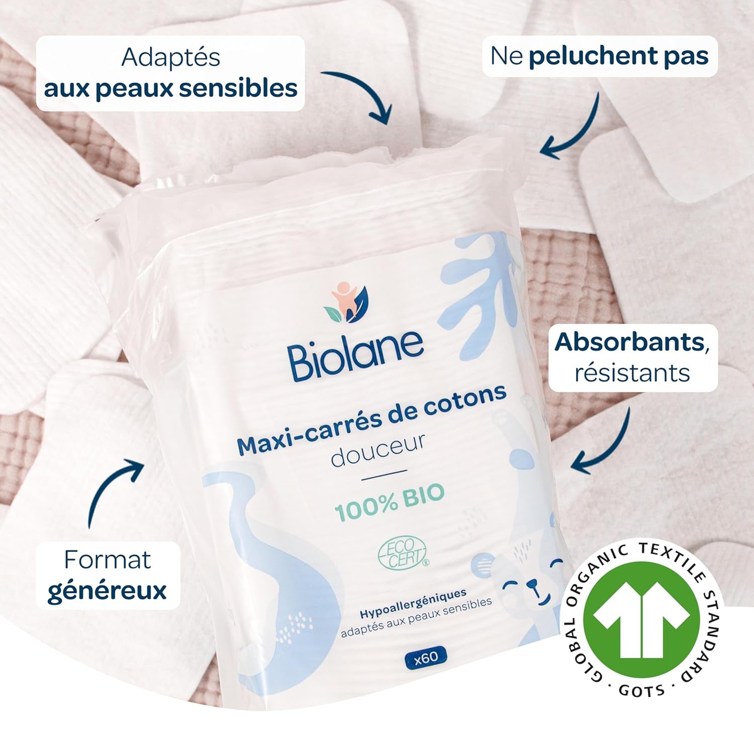 BIOLANE 12 Serviettes Humides Maxi Carrés - Bébés - 100% Bio - 720 Coton - pour peaux sensibles - Change et Toilette - dès la naissance - fabriquées en France