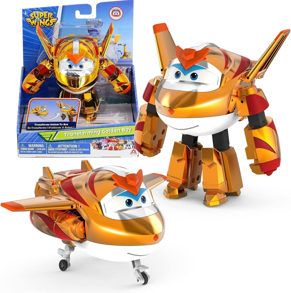 Avion de transformation Super Wings, voyageur suralimenté, env. Grande figurine de jeu pour enfants de 12,7 cm, avion jouet et figurine de robot pour garçons et filles de plus de 3 ans, figurines d'action argentées Naty Shop The Golden Boy