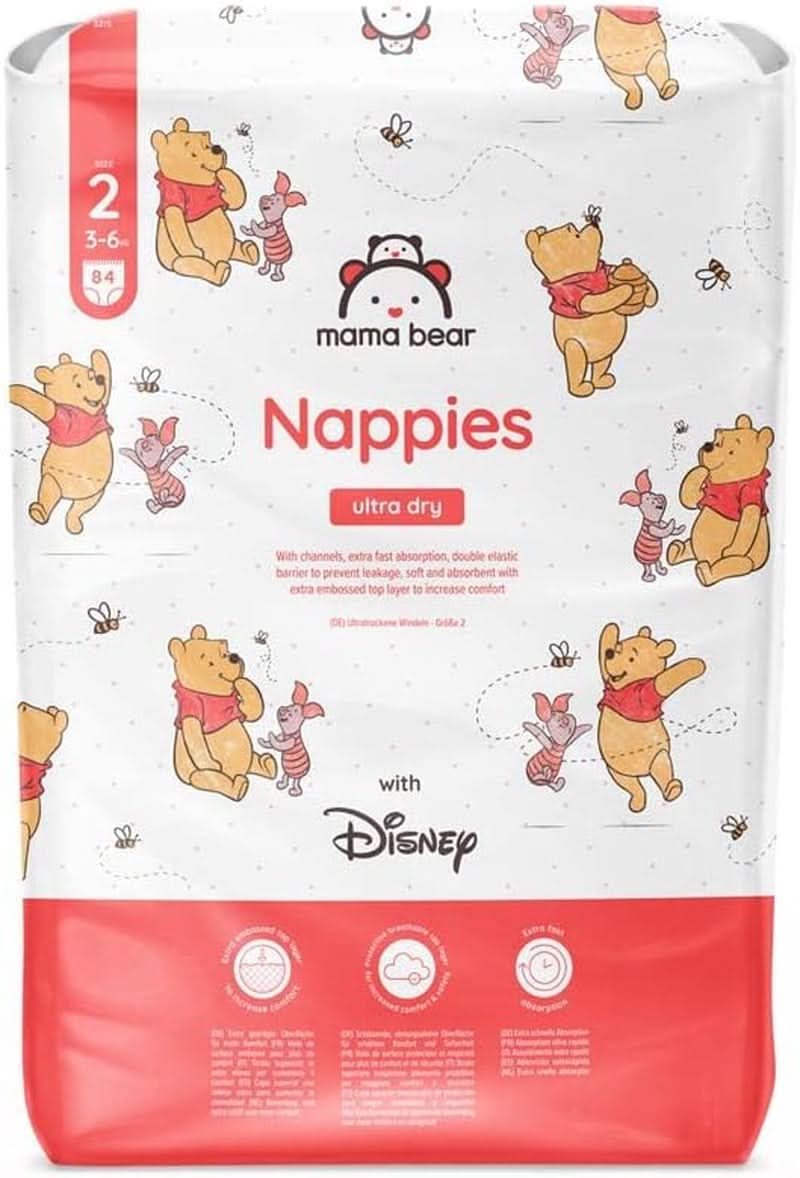 Couches Mama Bear Disney Ultra Dry taille 4 (8-14 kg), blanches, 84 pièces (1 paquet) Naty Shop taille 2 (3-6 kg) paquet unique